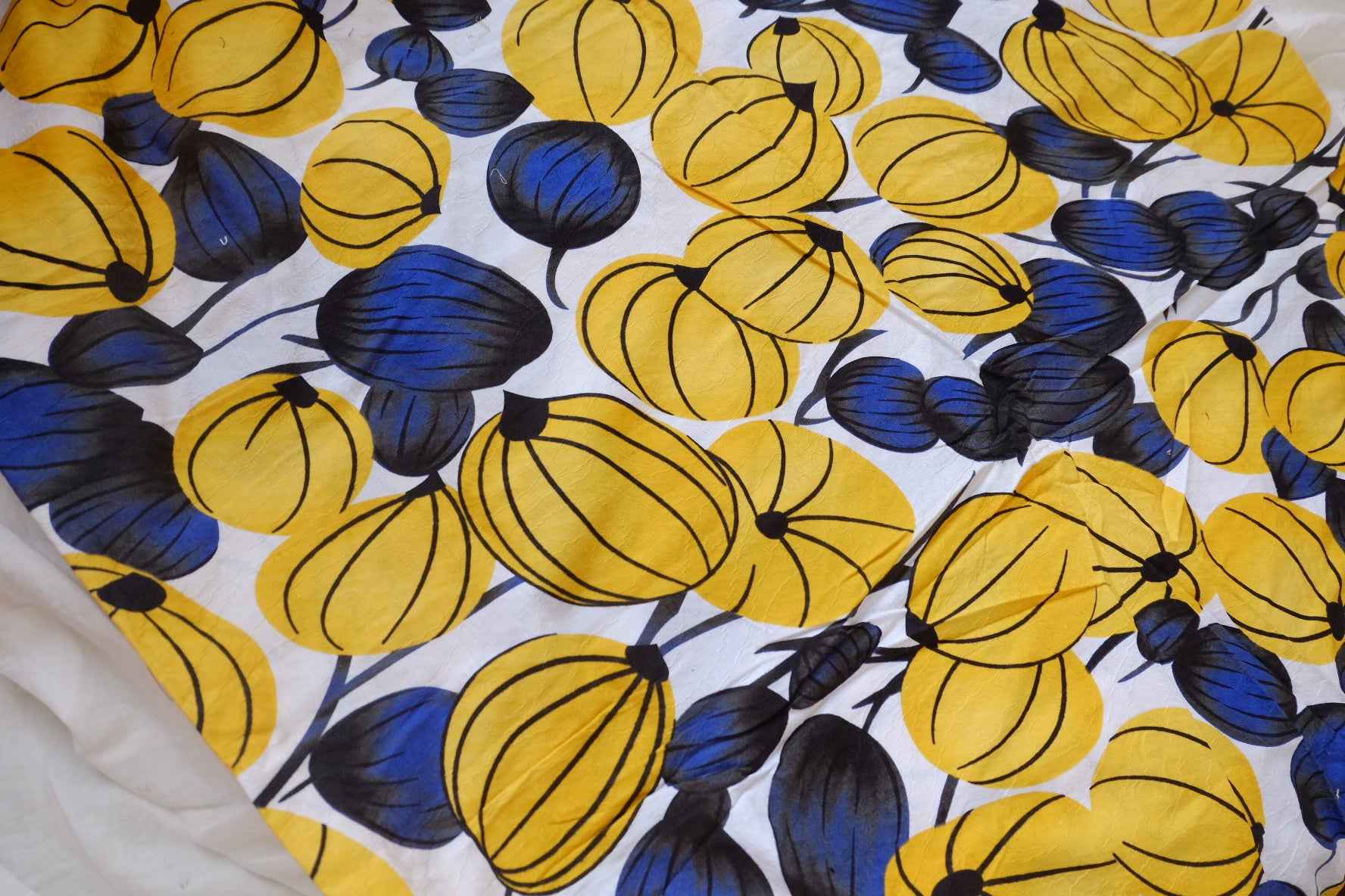 Bold Yellow Blue Botanical Jacquard Cotton Linen Fabric - 1.53 yd