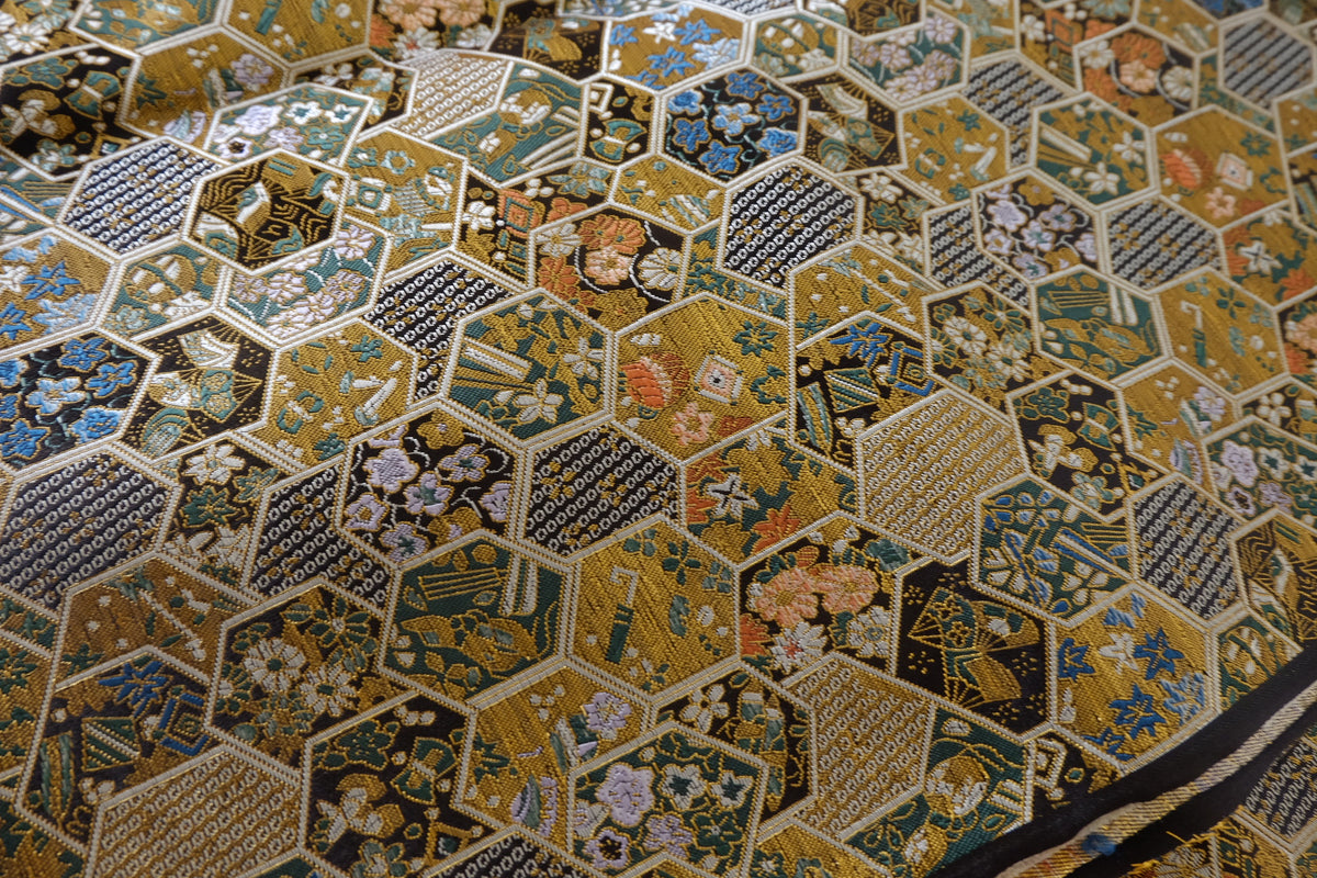 Antique Gold Hexagon Floral Brocade Fabric – 2.2 yd