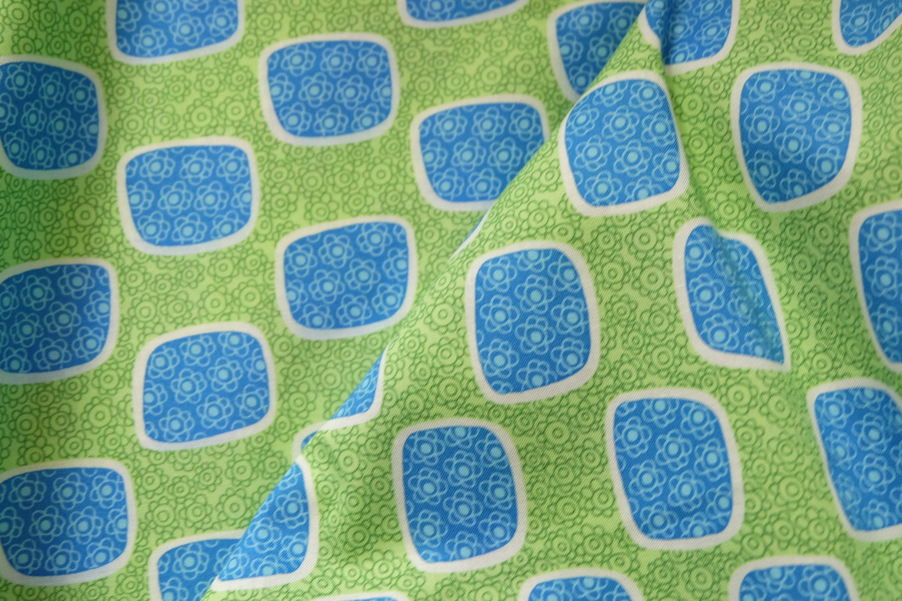 Retro Geometric Cotton, Blue & Green, 3.3 Yards