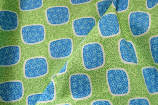 Retro Geometric Cotton, Blue & Green, 3.3 Yards