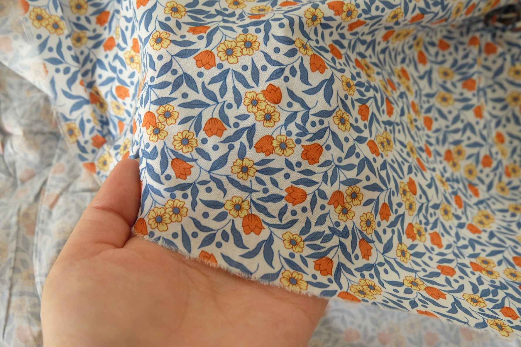 Cotton Poplin Floral Fabric – Blue Leaf & Orange Floral Print-1.9 yds