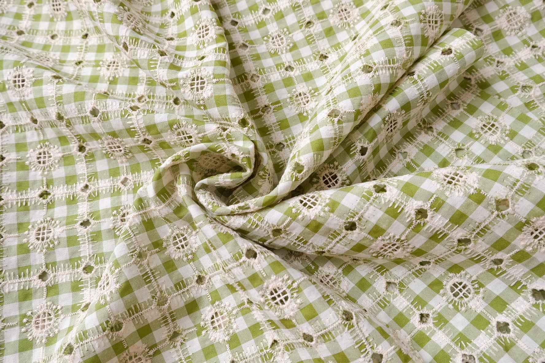Apple Green Gingham Embroidered Eyelet Fabric, Lightweight Opaque Cotton Blend, 2.19 Yards