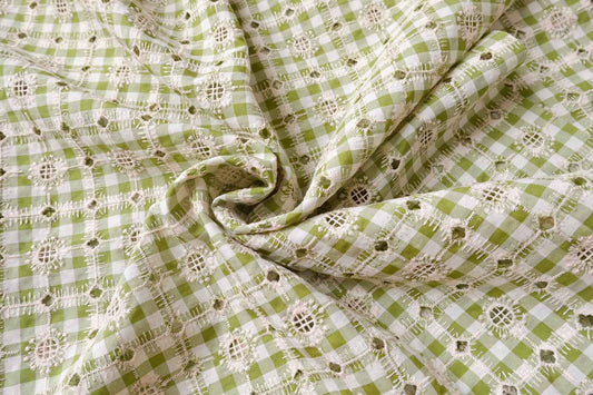 Apple Green Gingham Embroidered Eyelet Fabric, Lightweight Opaque Cotton Blend, 2.19 Yards