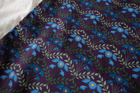 Purple Blue Daisy Cotton Poplin Fabric - 2.19 yd