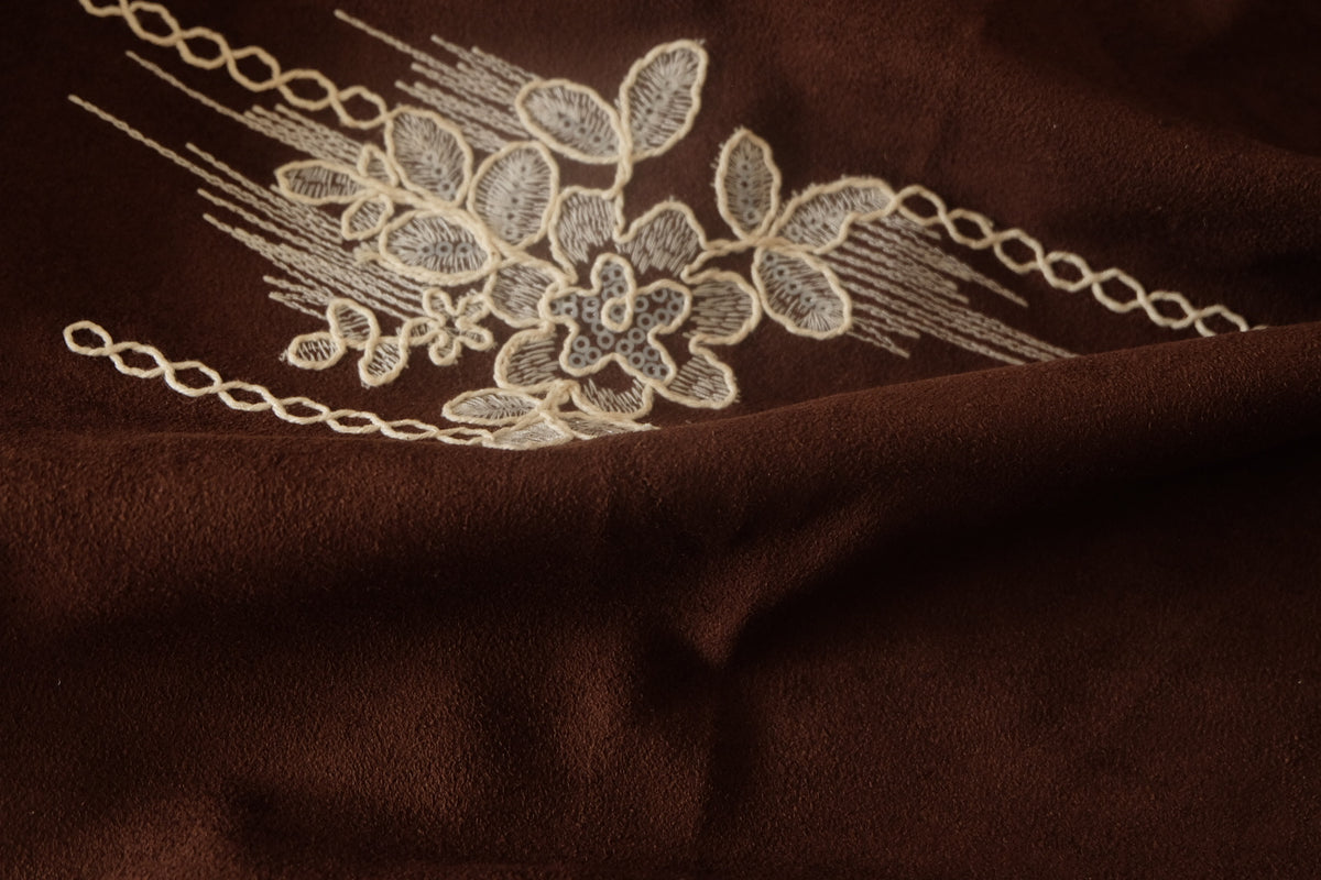 Chocolate Floral Embroidered Faux Suede – 1.1 yd