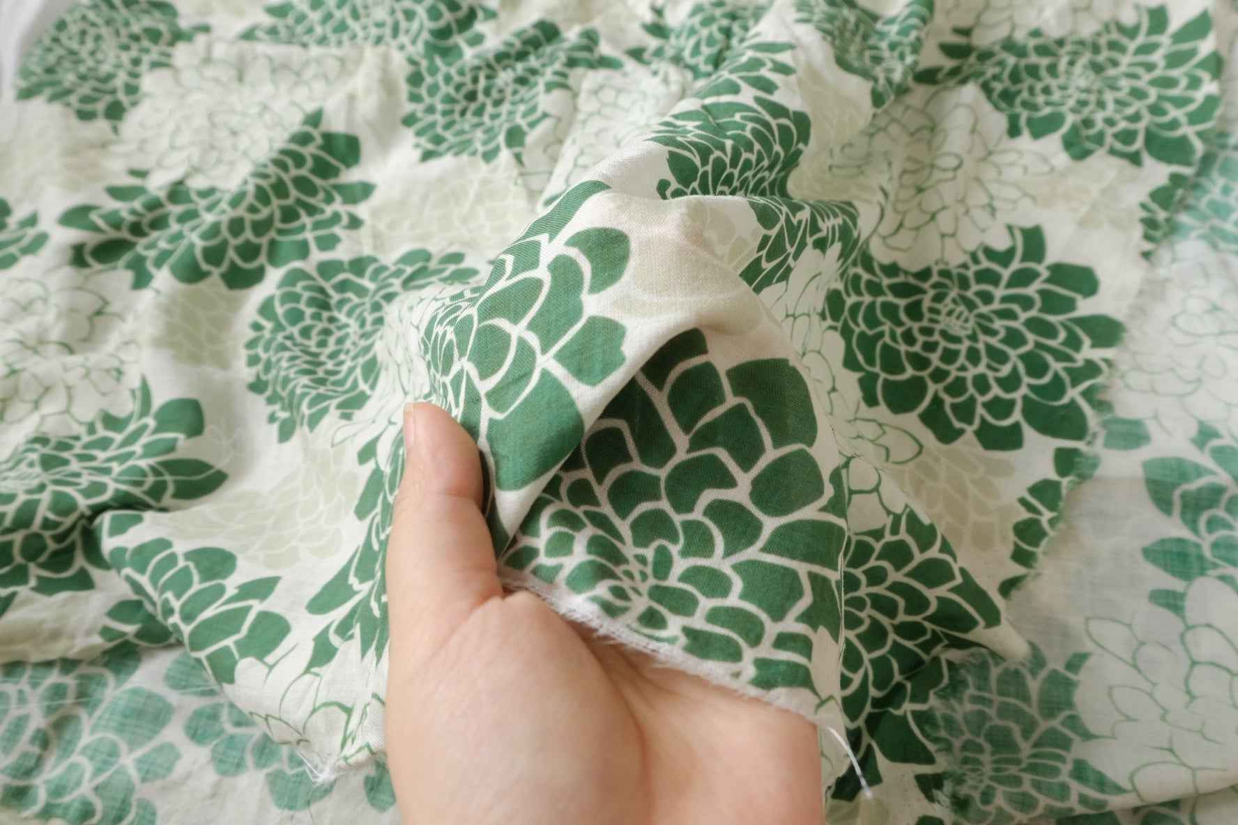 Soft Green Floral Linen Cotton Fabric, Lightweight Summer Weight, 3.06 Yards