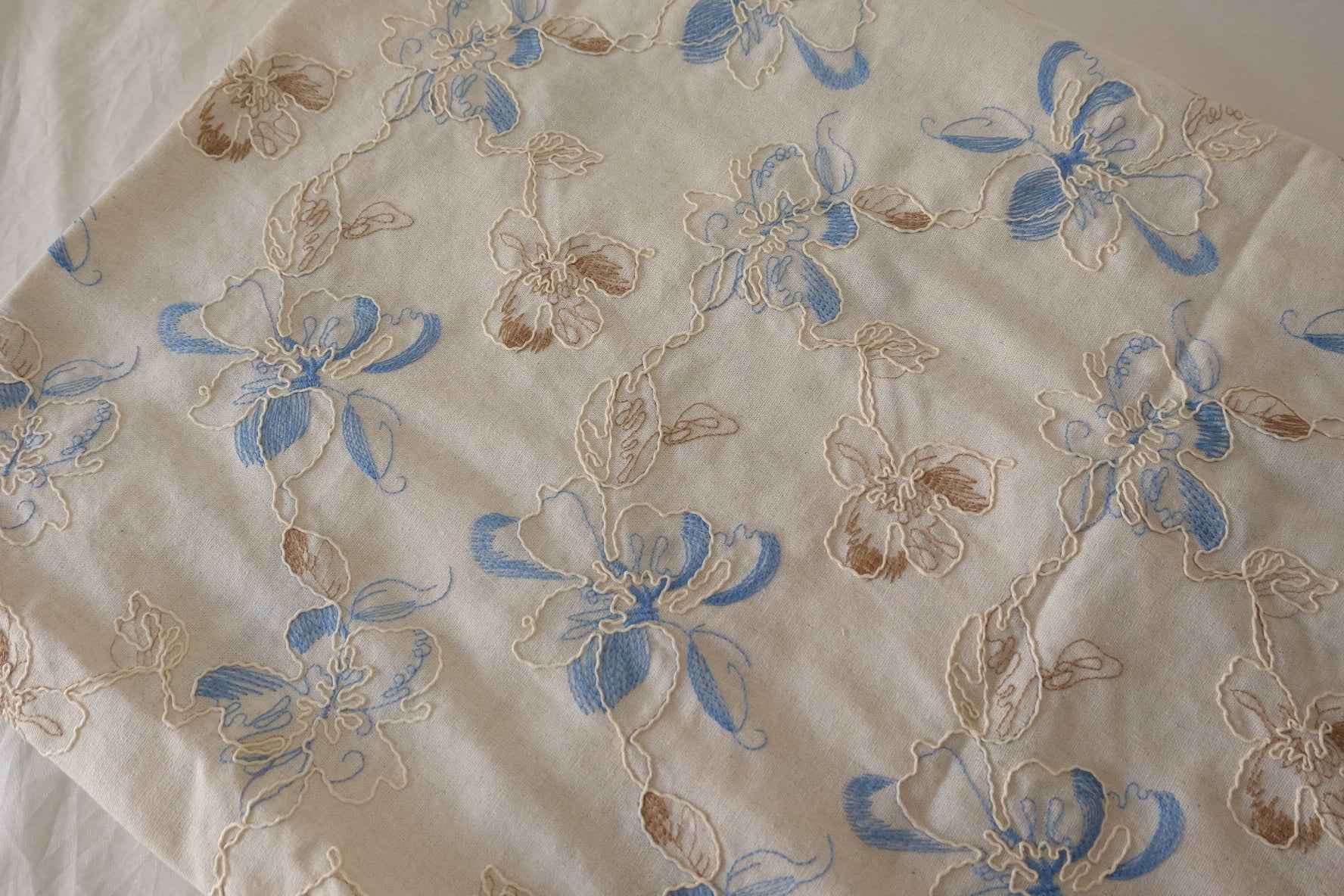Blue Floral Embroidered Linen Cotton Fabric – 1.6 yd
