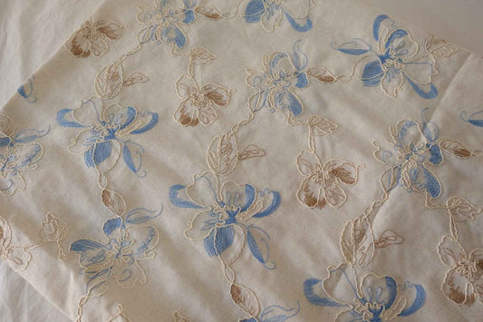 Blue Floral Embroidered Linen Cotton Fabric – 1.6 yd