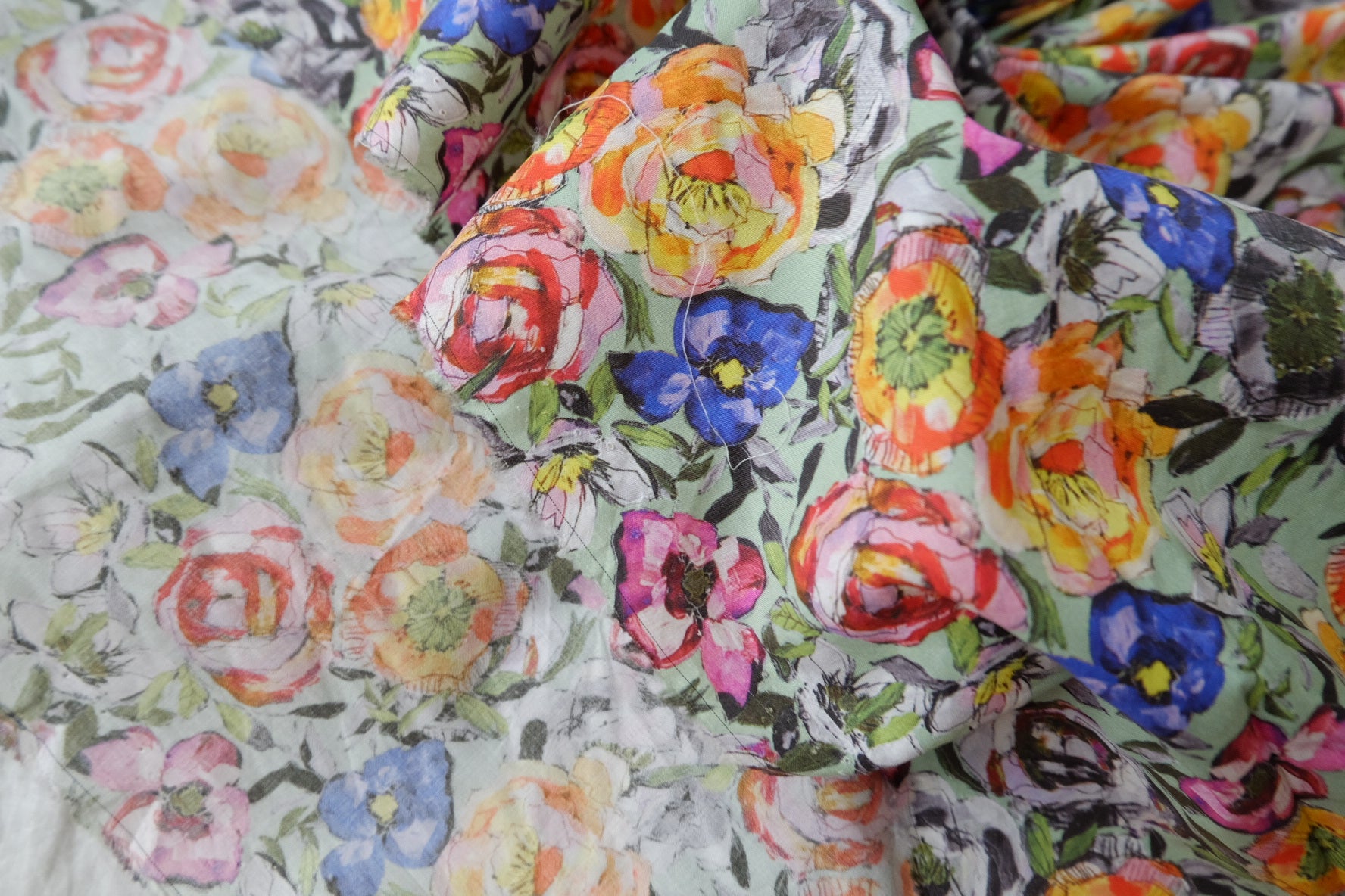 Mint Painted Floral 80s Cotton Lawn Fabric — 3.28 yd