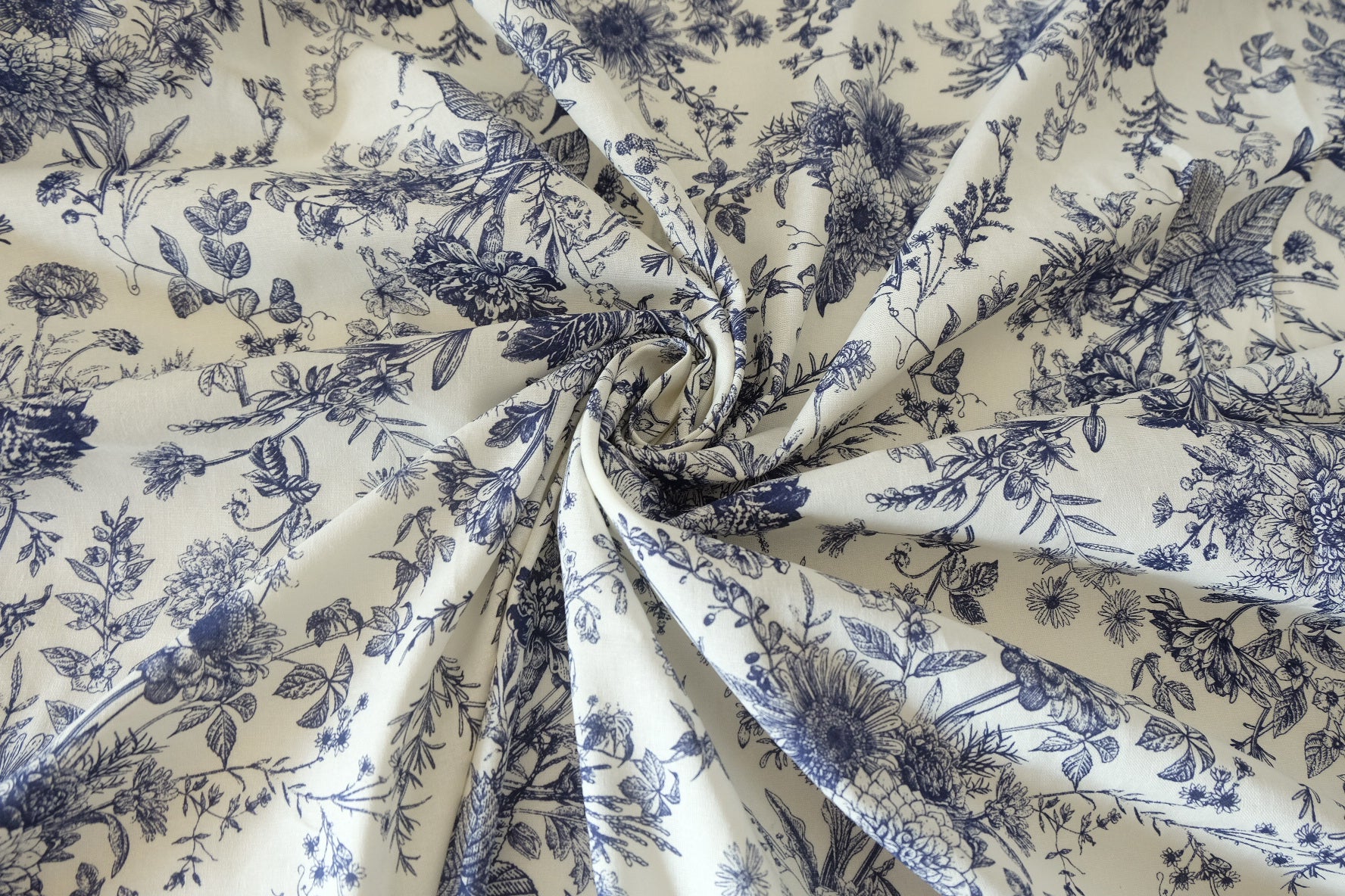 Vintage Botanical Sketch Cotton Fabric – Blue & White Floral Print – 3.3 yd