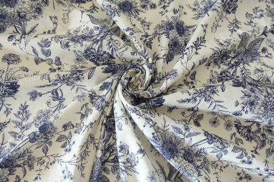 Vintage Botanical Sketch Cotton Fabric – Blue & White Floral Print – 3.3 yd