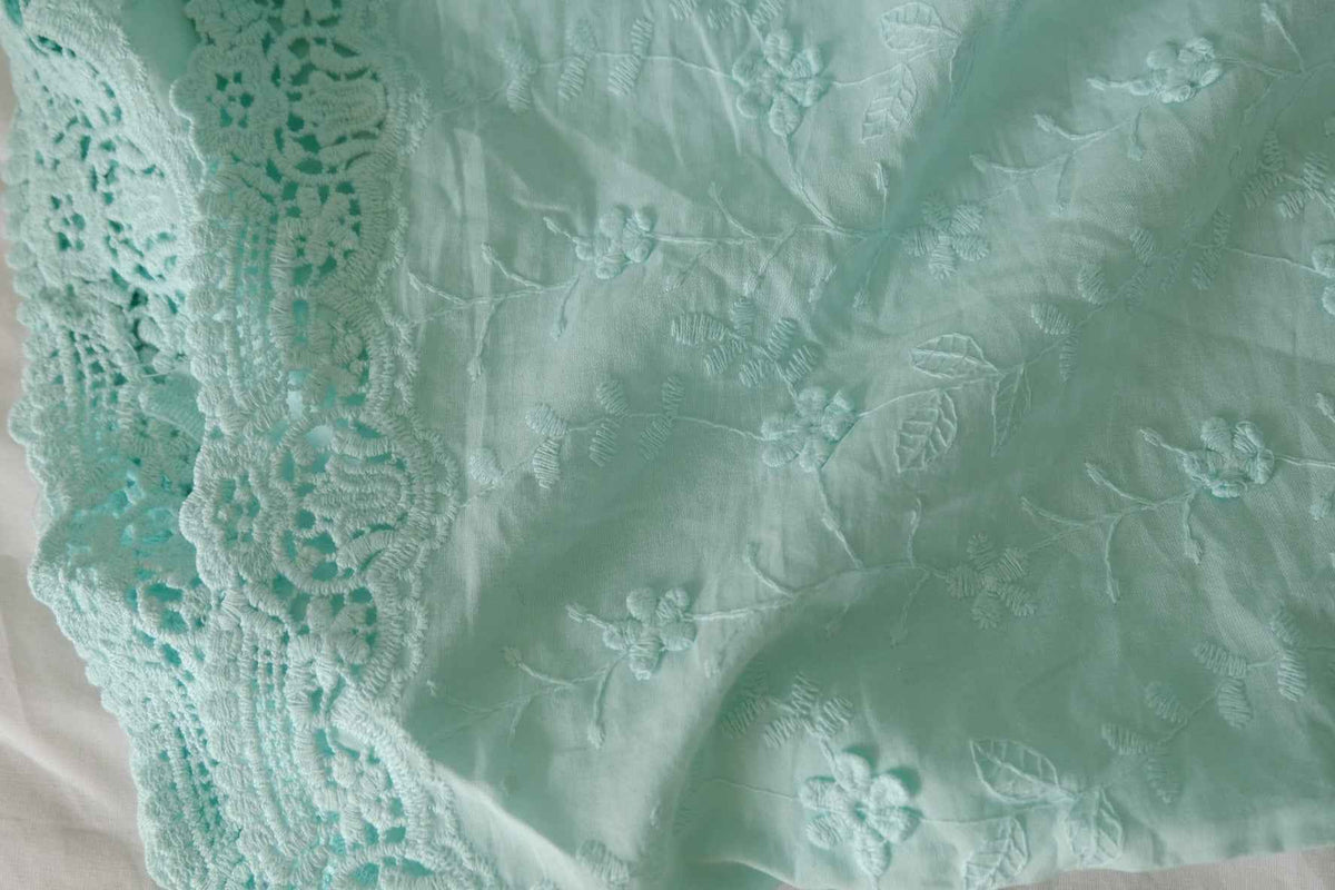 Mint Floral Border Embroidered Cotton — 2.19 yd