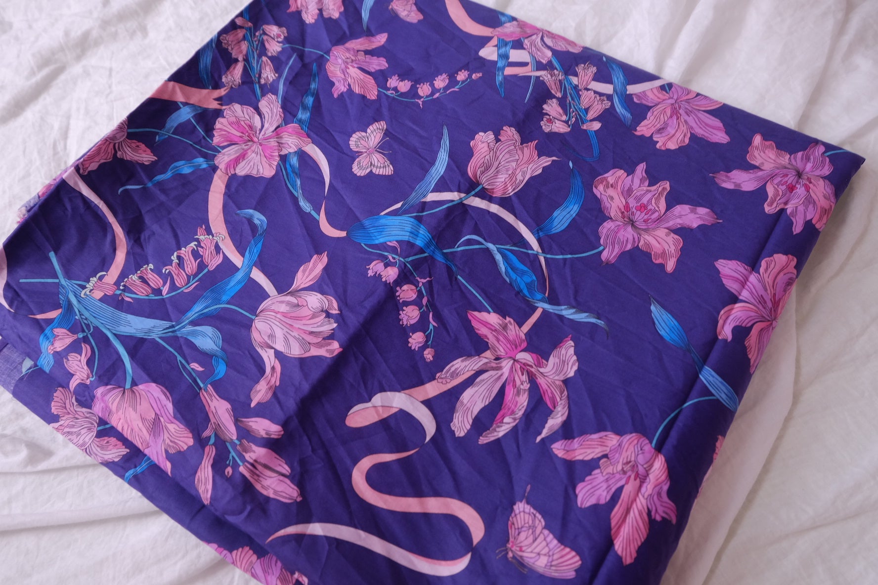 Purple Lily Ribbon Cotton Lawn Fabric - 3.28 yd