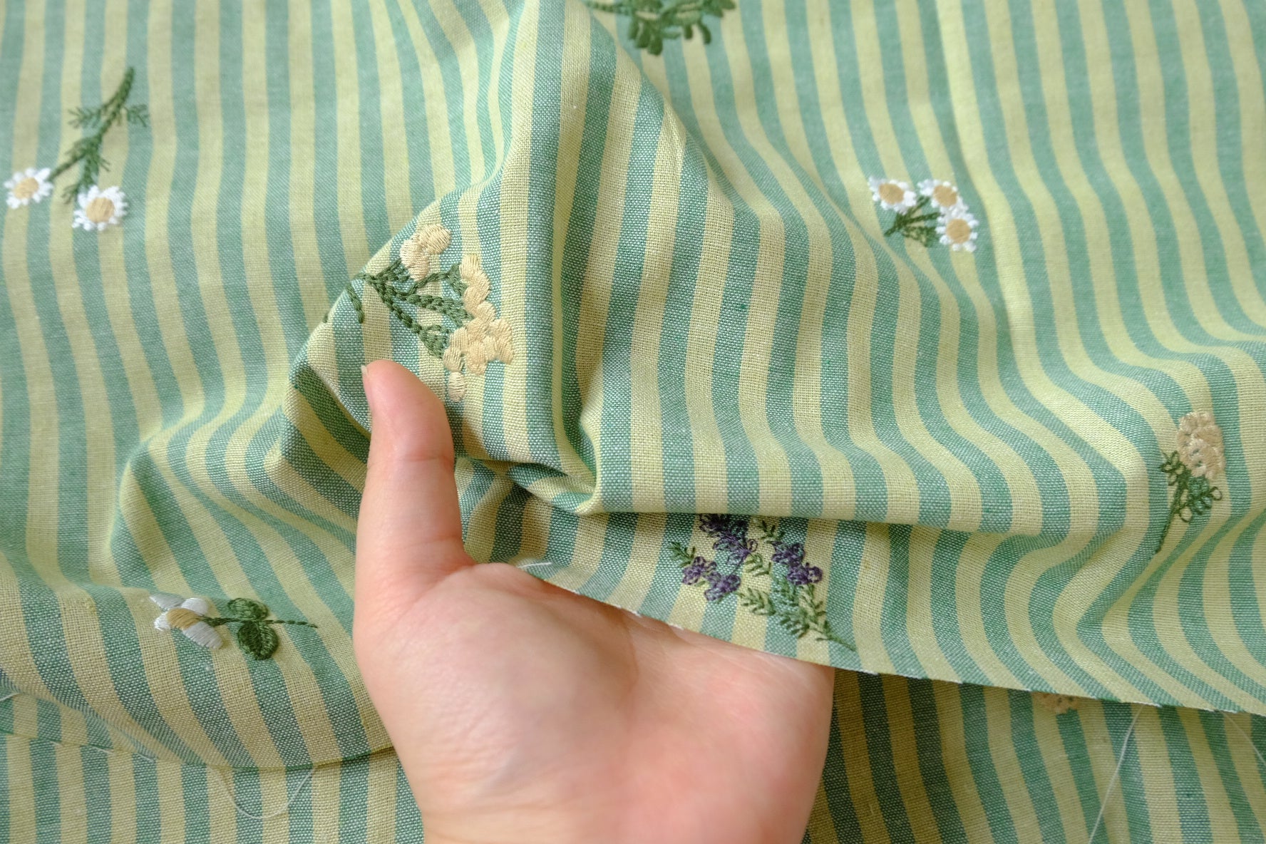 Striped Floral Embroidered Linen-Look Cotton Blend Fabric, 2.2 Yards