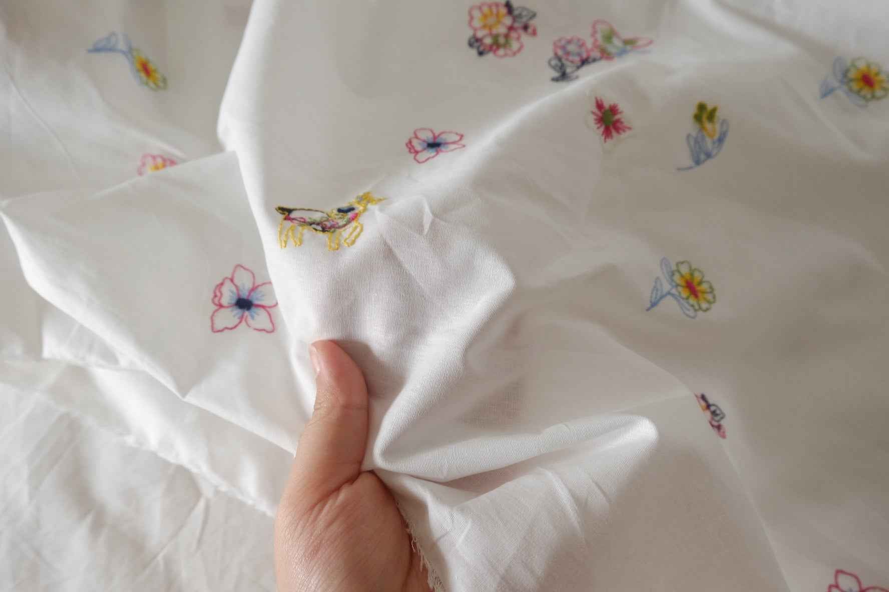 White Floral & Butterfly Embroidered Cotton Fabric – 1.9 yd
