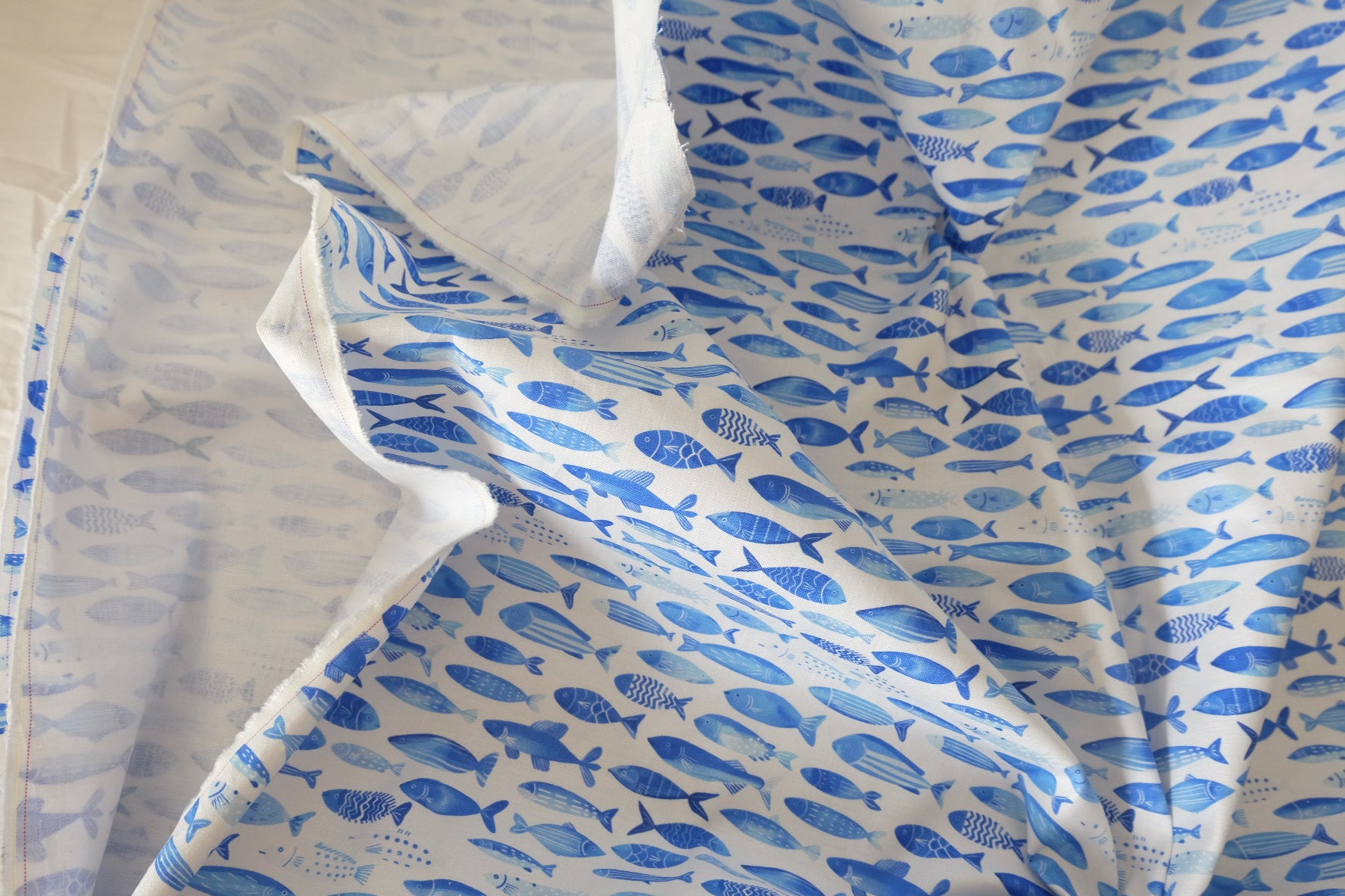 Blue Fish Stretch Linen Cotton Fabric - 2.2 yd