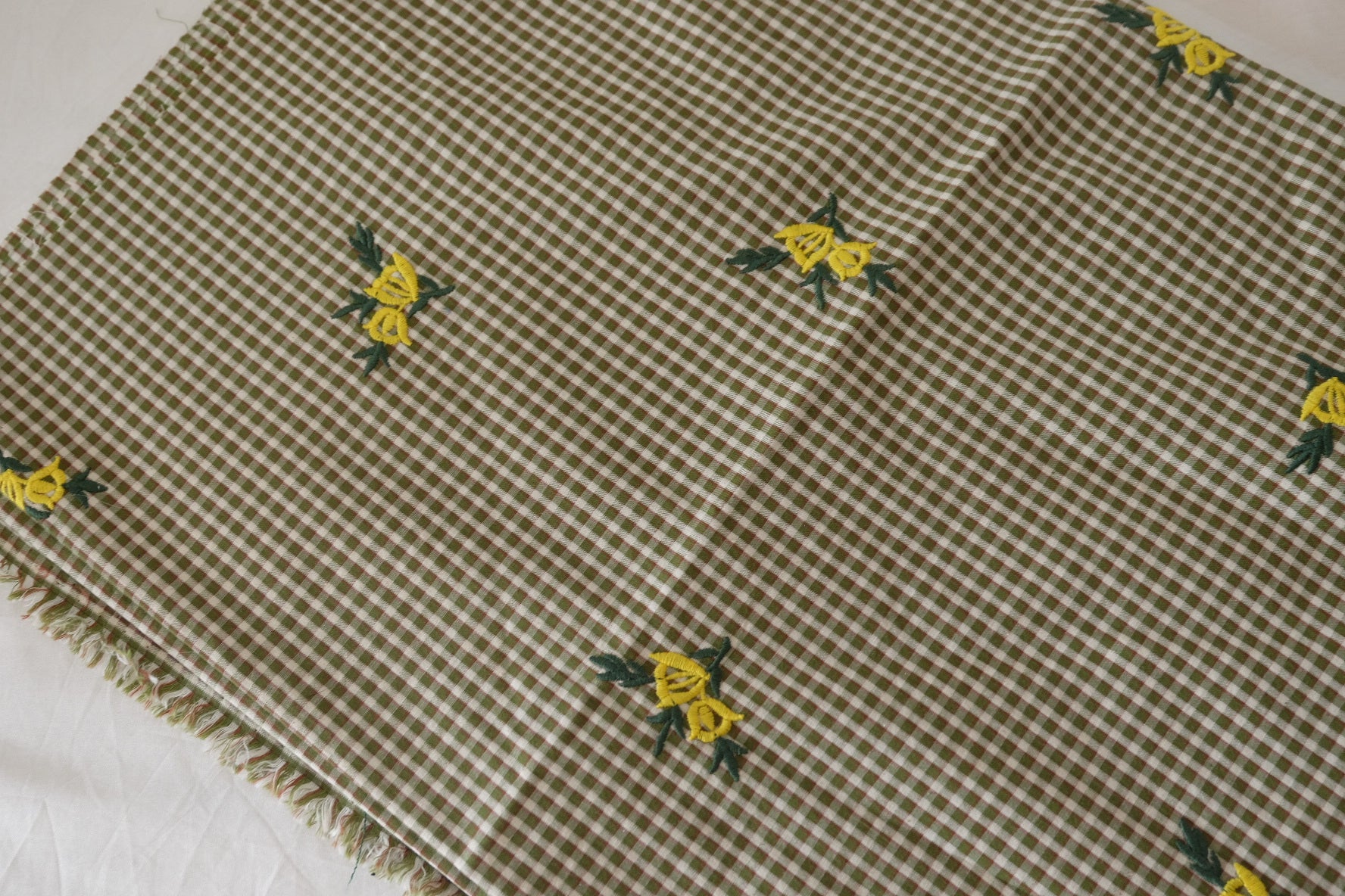 Embroidered Olive Gingham Cotton Fabric – Yellow Floral Detail – 1.1 yd