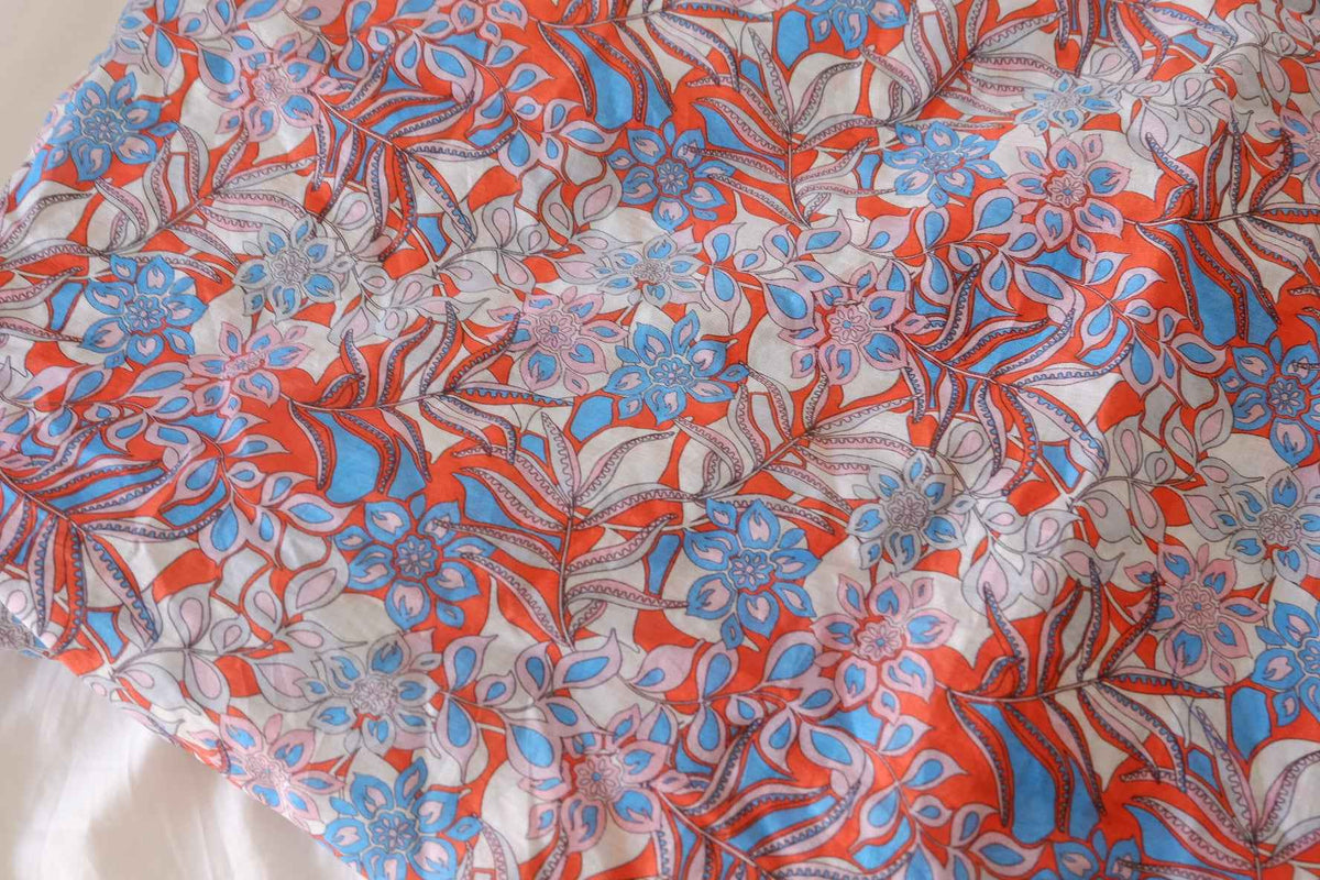 Coral & Sky Blue Botanical Cotton Voile Fabric – 5.5 yd