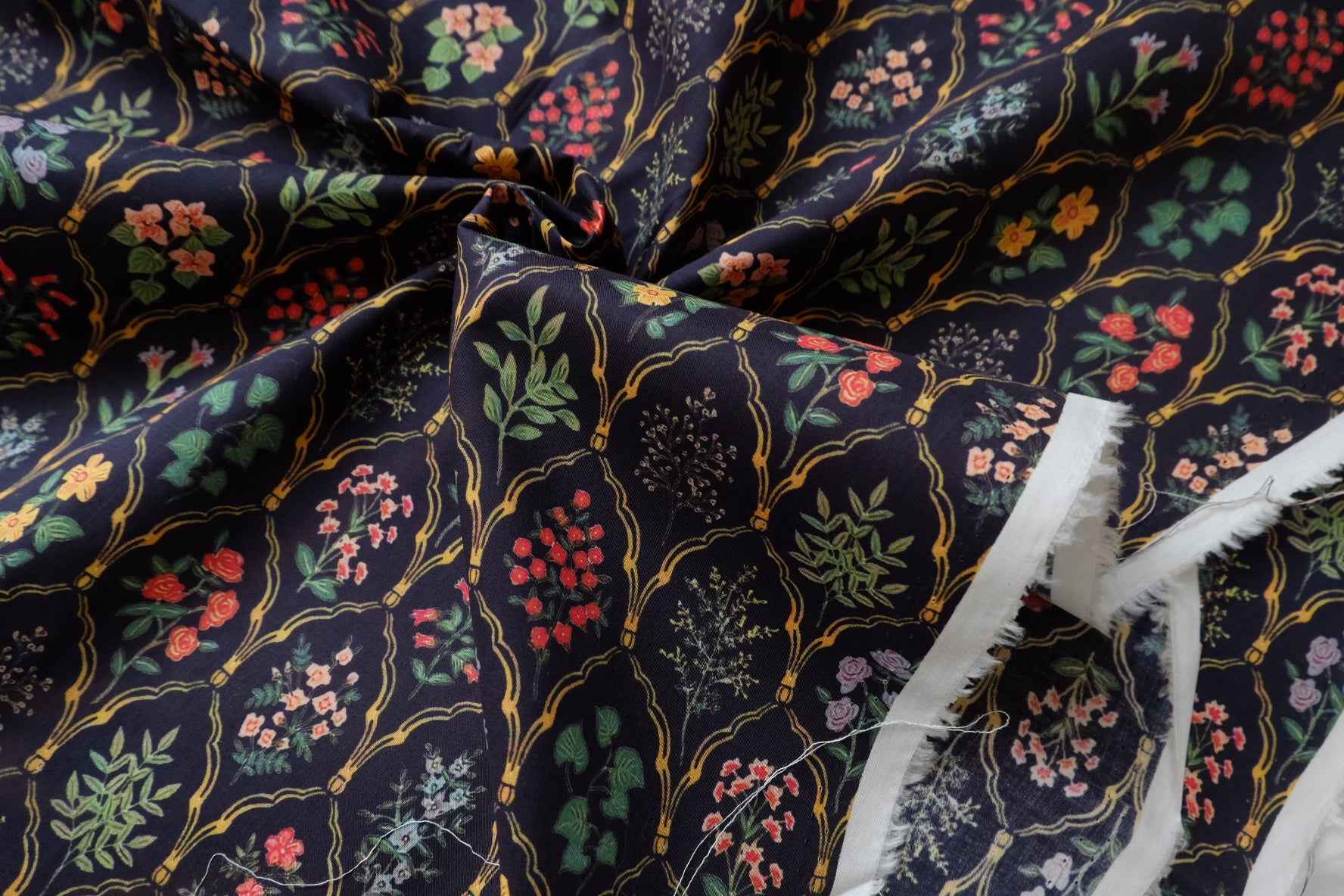 Botanical Lattice Cotton Poplin Fabric, Crisp High-Density Dress Weight, 3.28 Yards