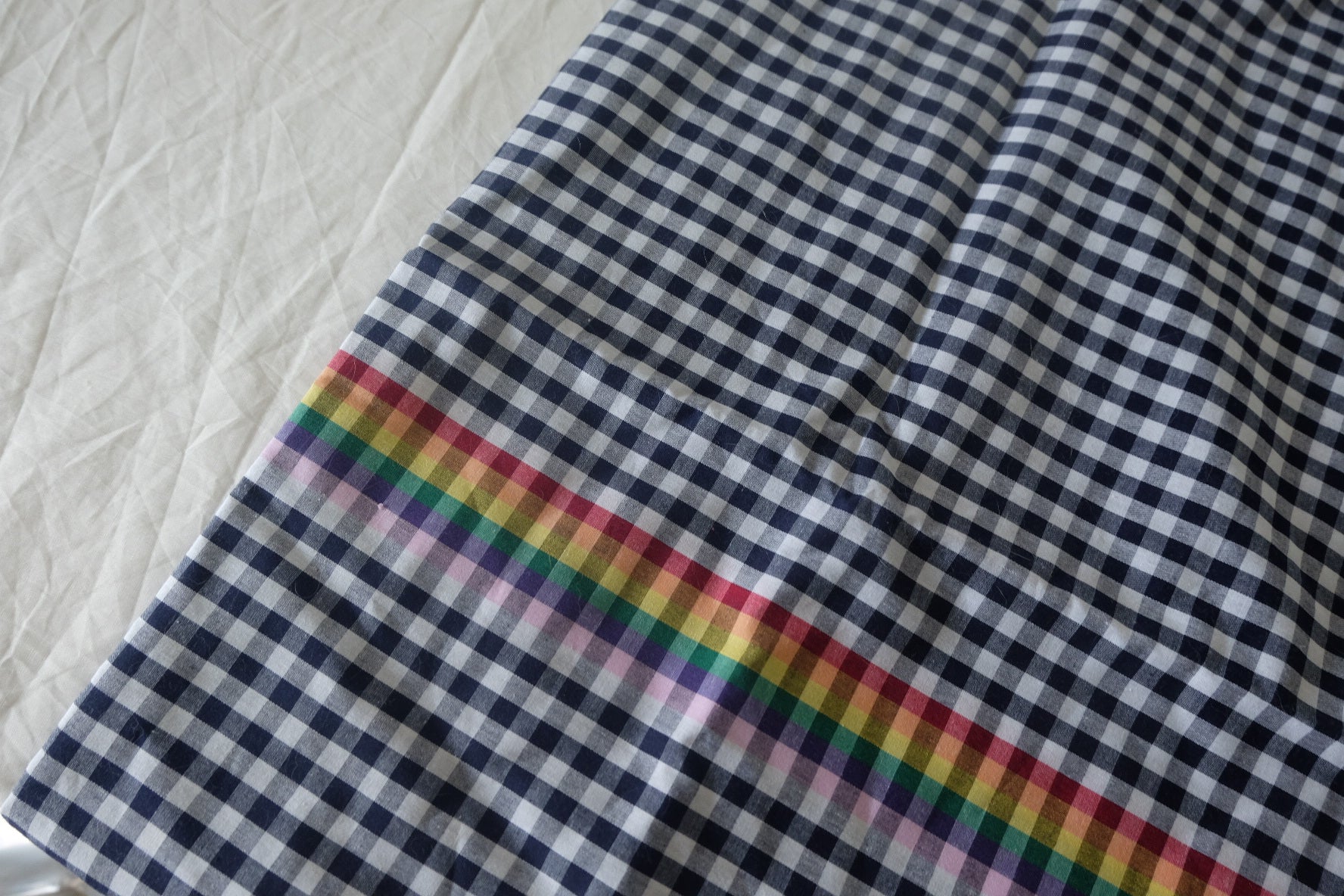 Navy Gingham Rainbow Border Yarn-Dyed Cotton Fabric – 1.6 Yards