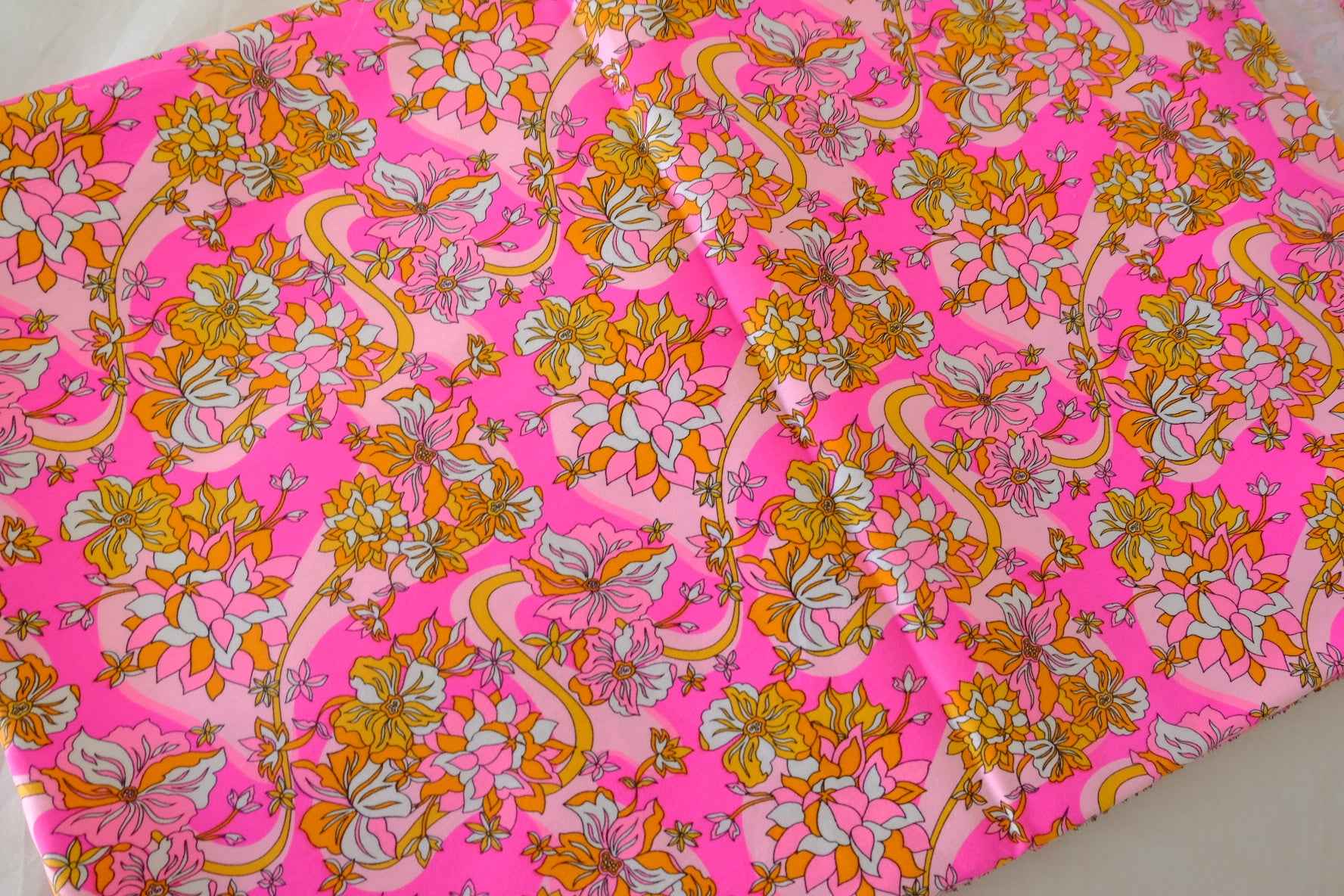 Bright Pink Vintage Floral Cotton Twill Fabric – 2.2 yd