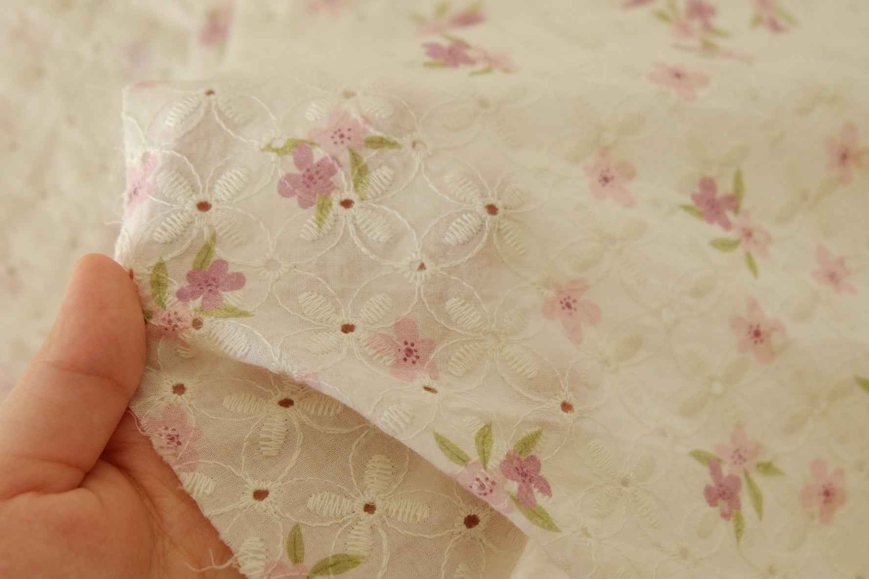 Pink Floral Embroidered Cotton Fabric – 1.3 yd