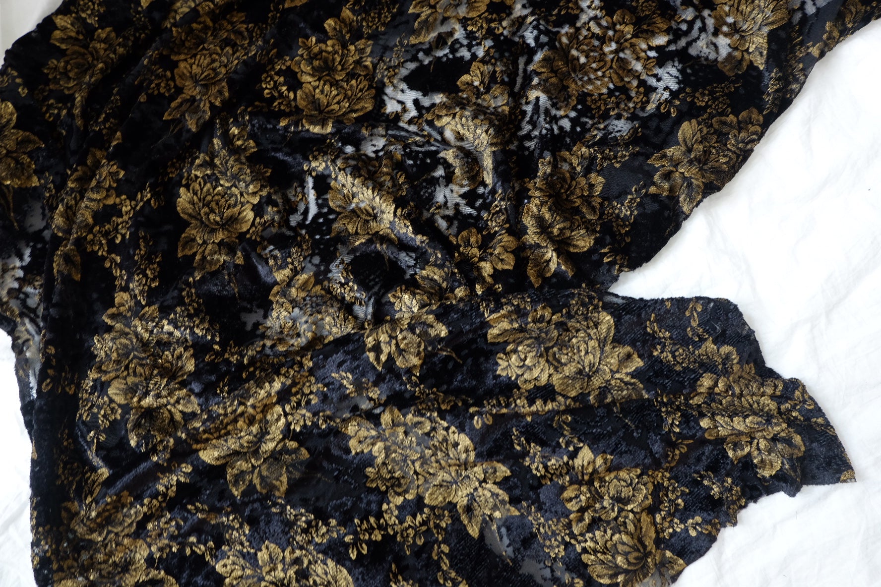 Black and Gold Burnout Velvet Lace with Stretch 1.9 Yards