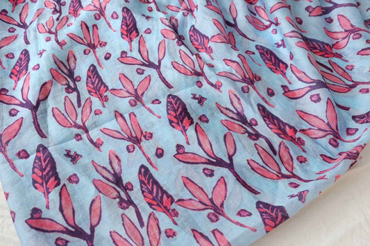 Blue Pink Leaf Tencel-Cotton Fabric - 1.97 yd