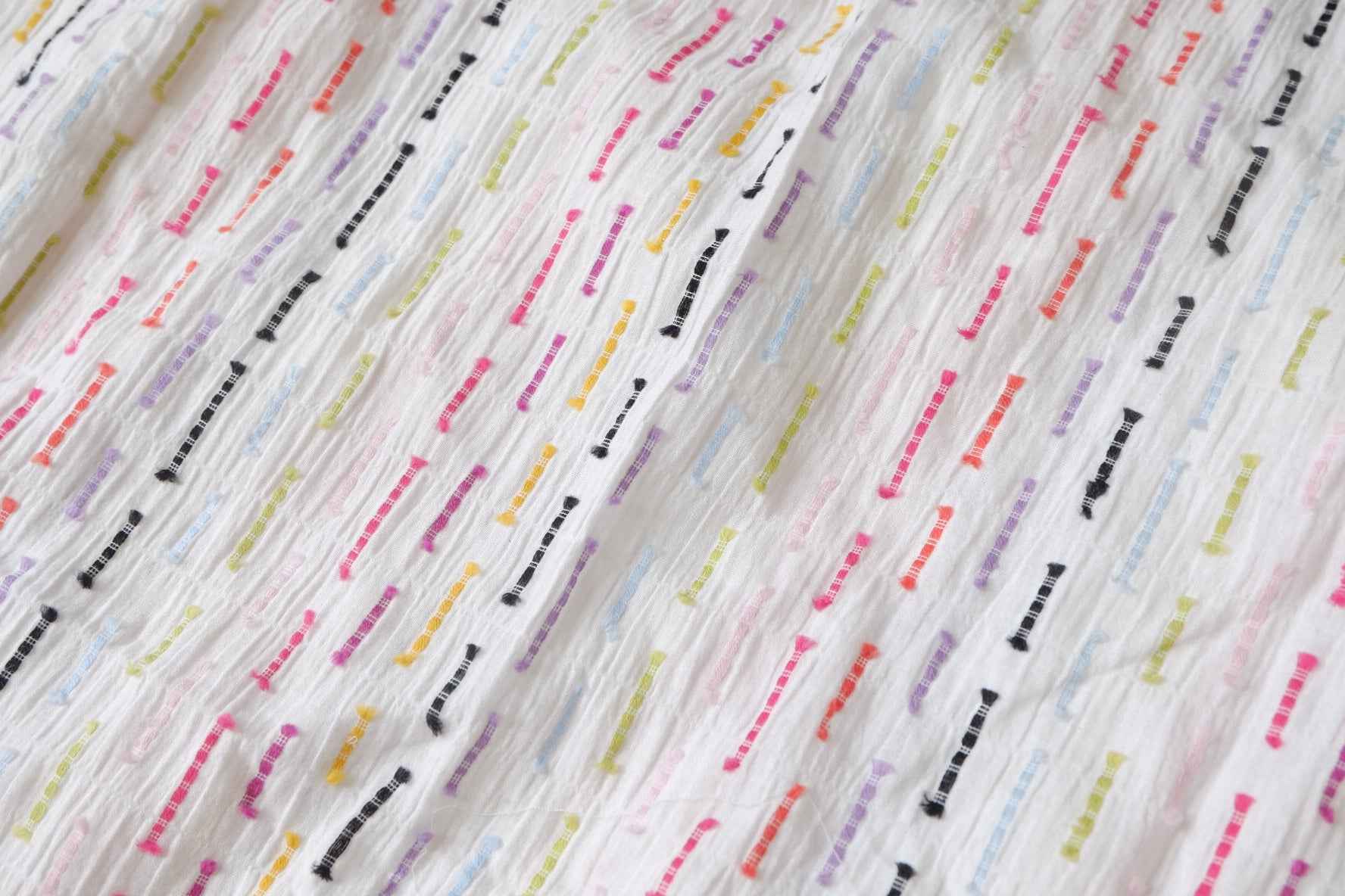 Crinkled Cotton Clip Dot Fabric with Multicolor Embroidery, Soft Opaque Summer Blouse Fabric, 2.19 Yards