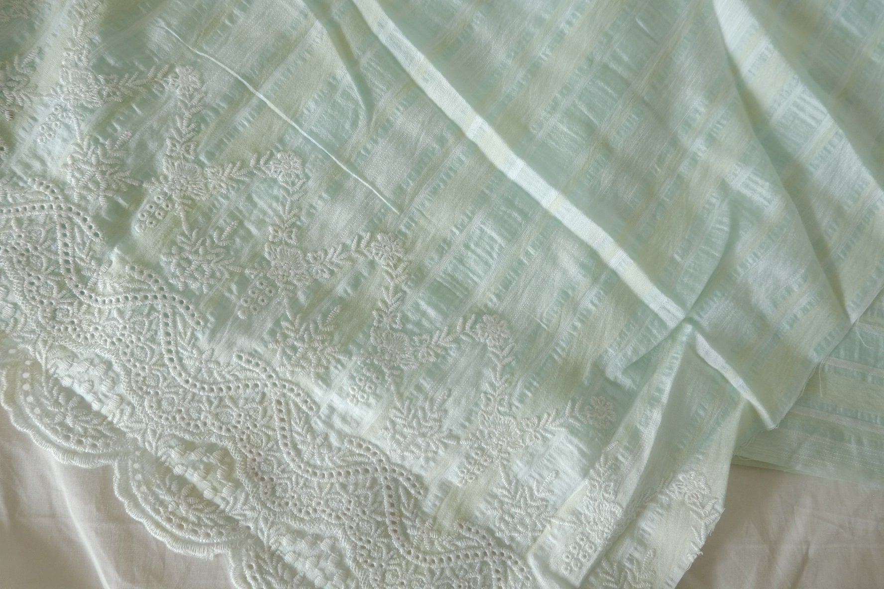 Mint Textured Cotton Blend with Double Embroidered Borders – 2.19 yd