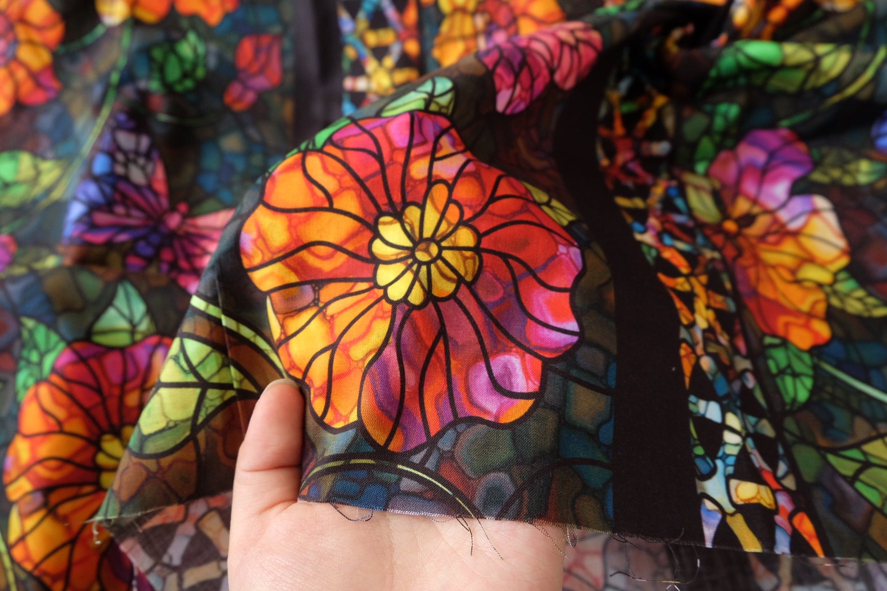 Stained Glass Floral Cotton Fabric – Bold Novelty Print Cotton (3.28 yards)