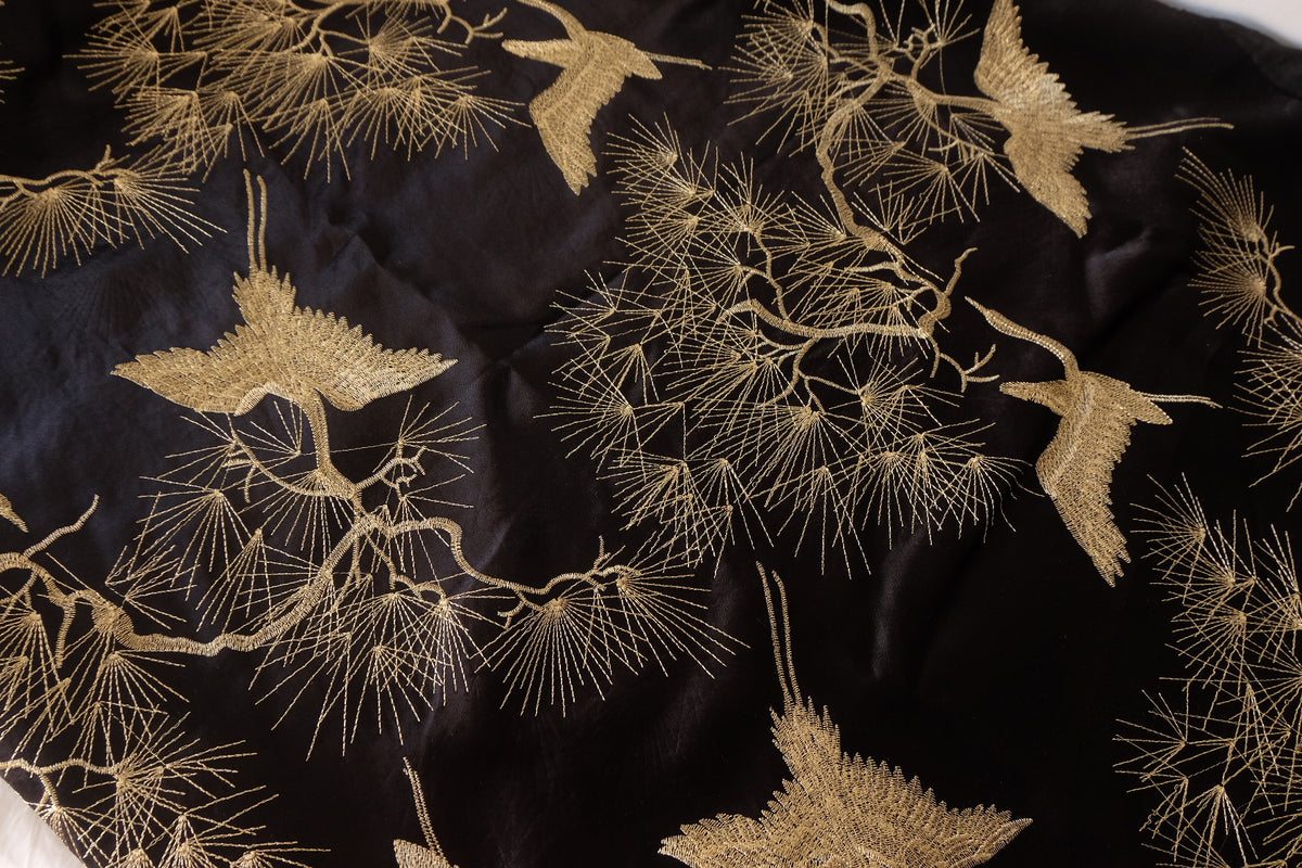 Golden Cranes & Pine Embroidered Acetate Viscose Satin – 2.19 yd