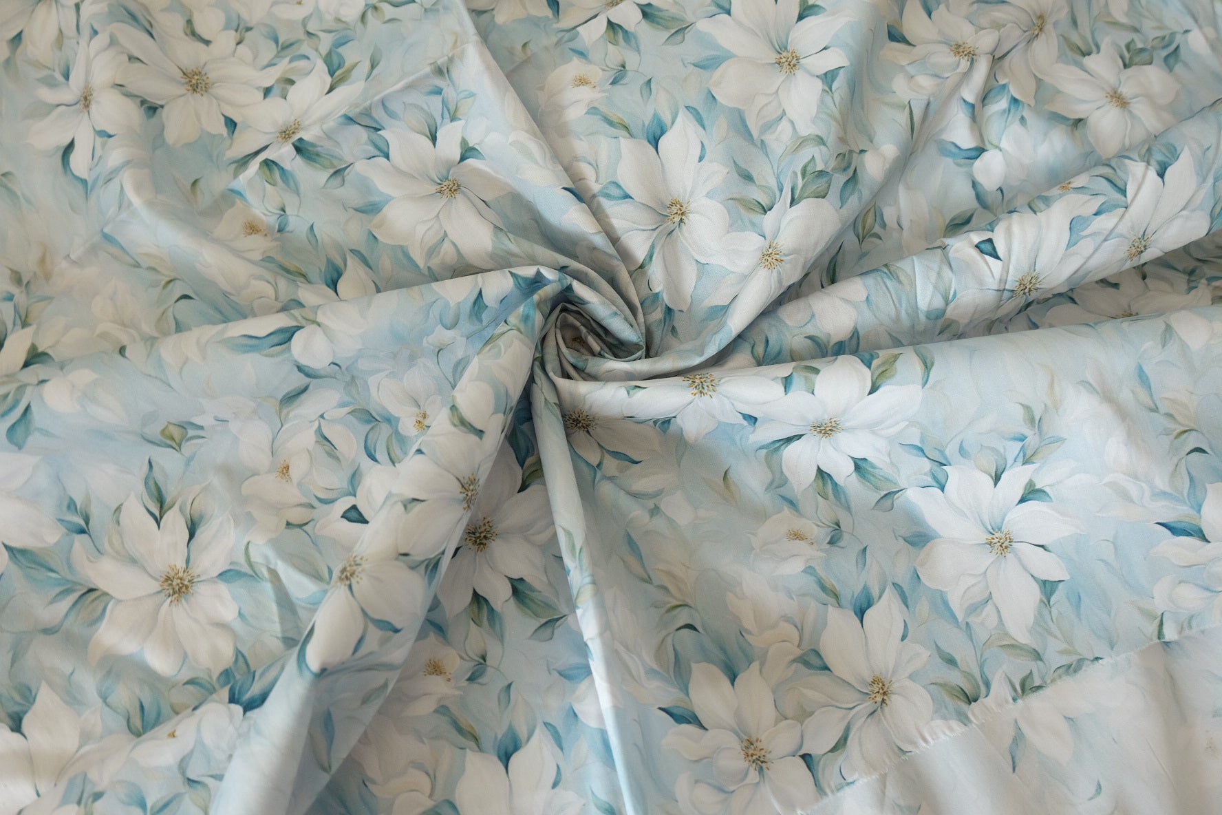 White Magnolia Floral Cotton Poplin Fabric – Soft Blue – 3.3 yd