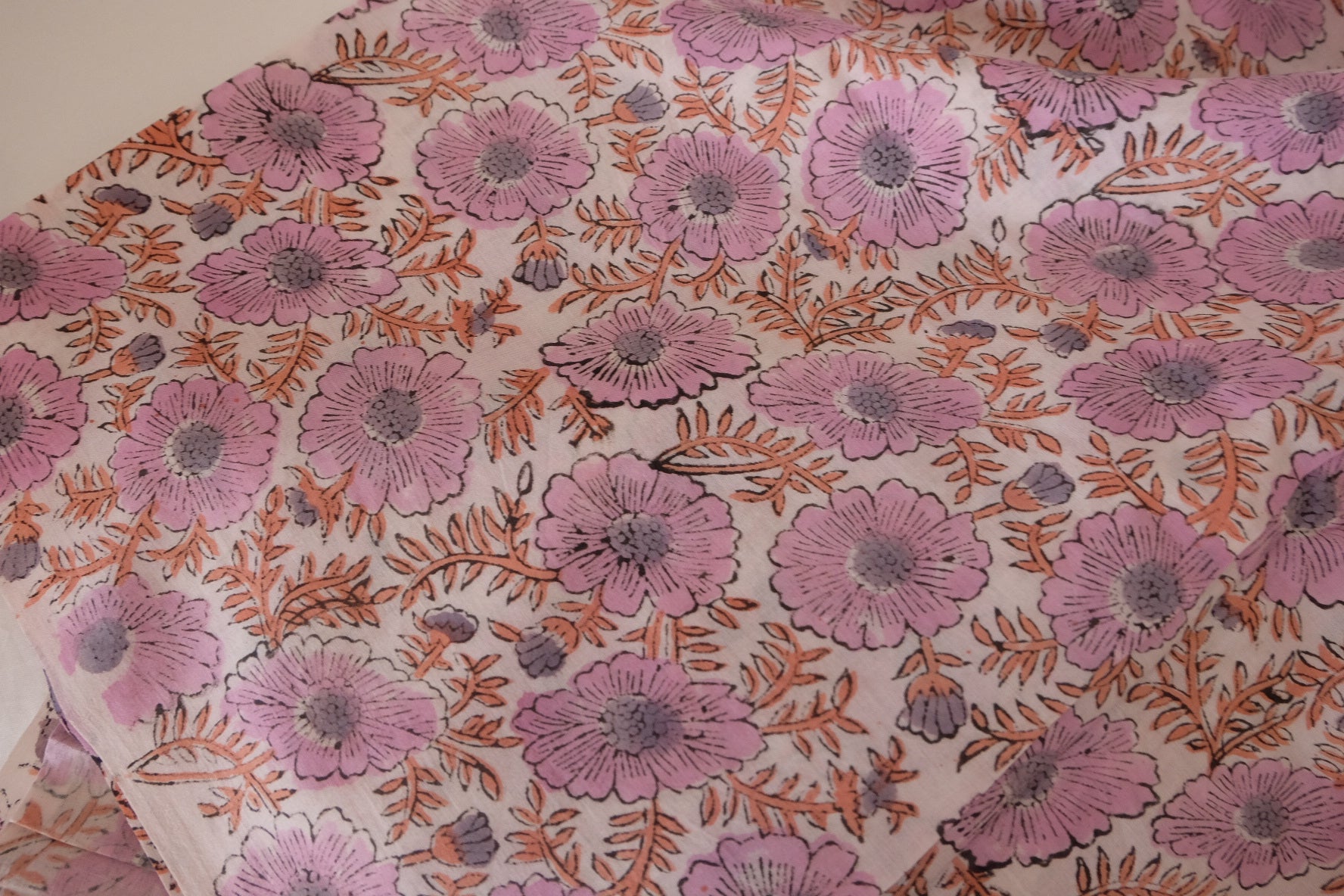 Traditional Indian Hand Block Printed Cotton Fabric – Lavender Wildflower Pattern – Sold by the Meter