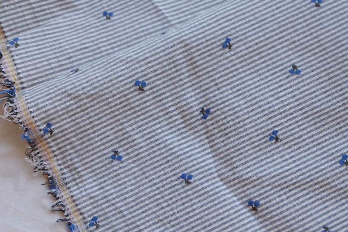 Blue Cherry Embroidered Yarn-Dyed Striped Cotton Jacquard Fabric – 2.2 yd
