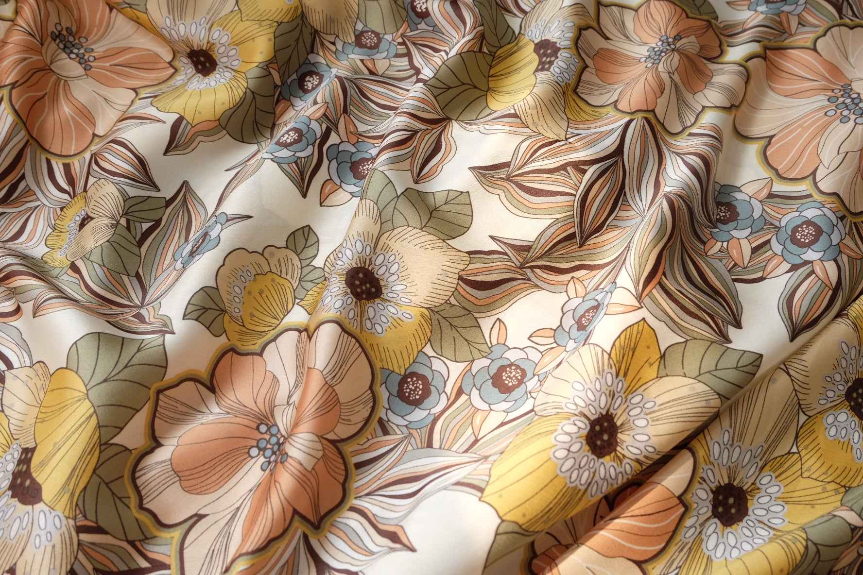 Vintage Floral Satin Fabric, Smooth Dress Weight in Cream, 3.28 Yards