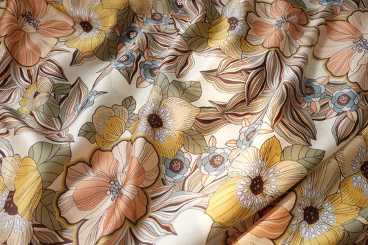 Vintage Floral Satin Fabric, Smooth Dress Weight in Cream, 3.28 Yards