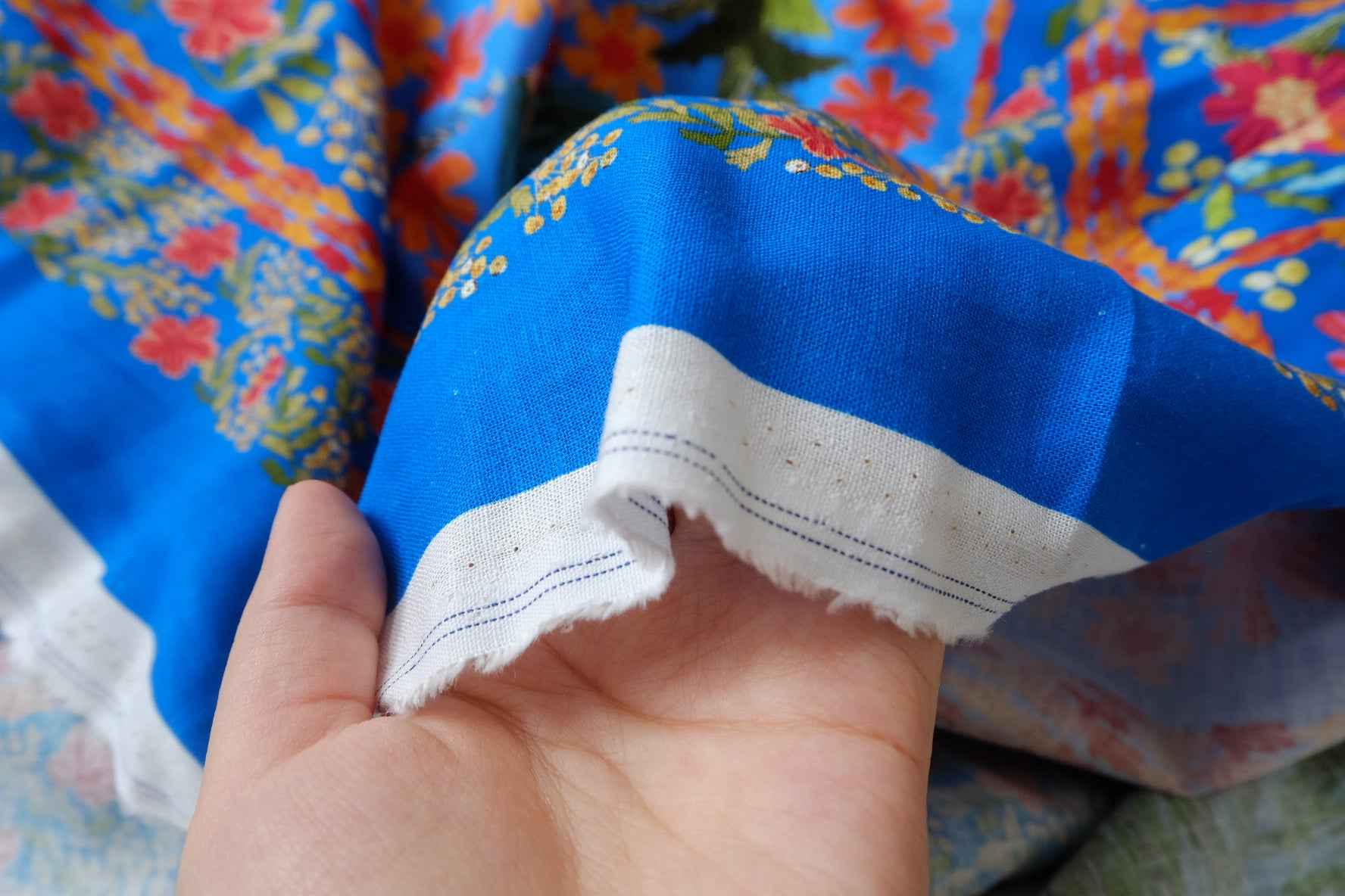 Farm Rio Deadstock Placement Floral Cotton Linen Fabric, Bright Blue Tropical Print, 1.66 Yards