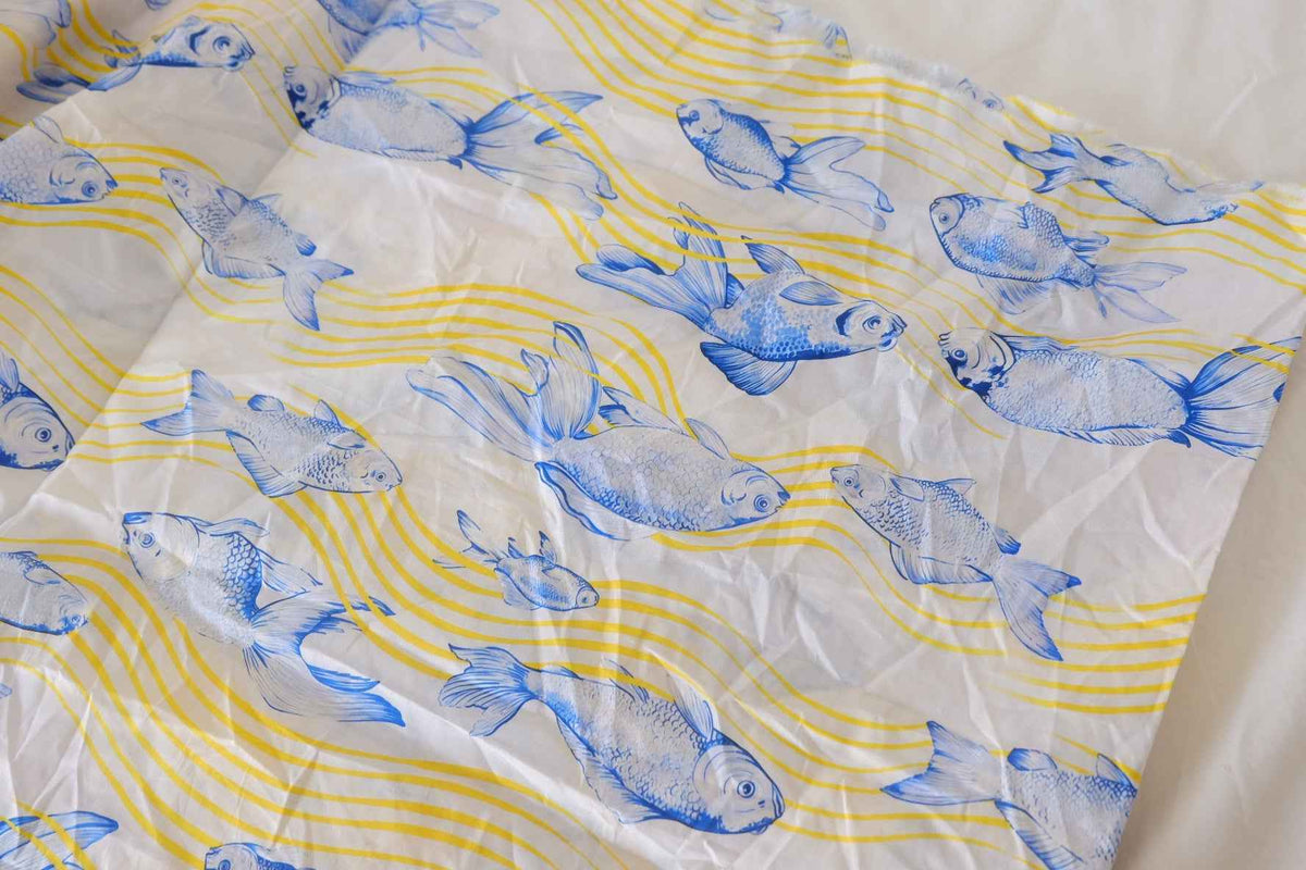 Blue Koi Fish & Yellow Waves Cotton Lawn Fabric – 2.5 yd