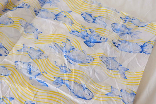 Blue Koi Fish & Yellow Waves Cotton Lawn Fabric – 2.5 yd