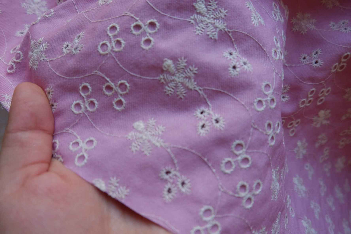 Dusty Rose Floral Embroidered Cotton Denim Fabric – 2.19 yd