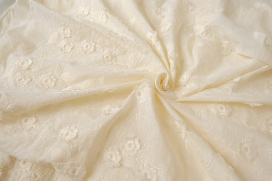 White 3D Embroidered Cotton Fabric, 2.19 Yards