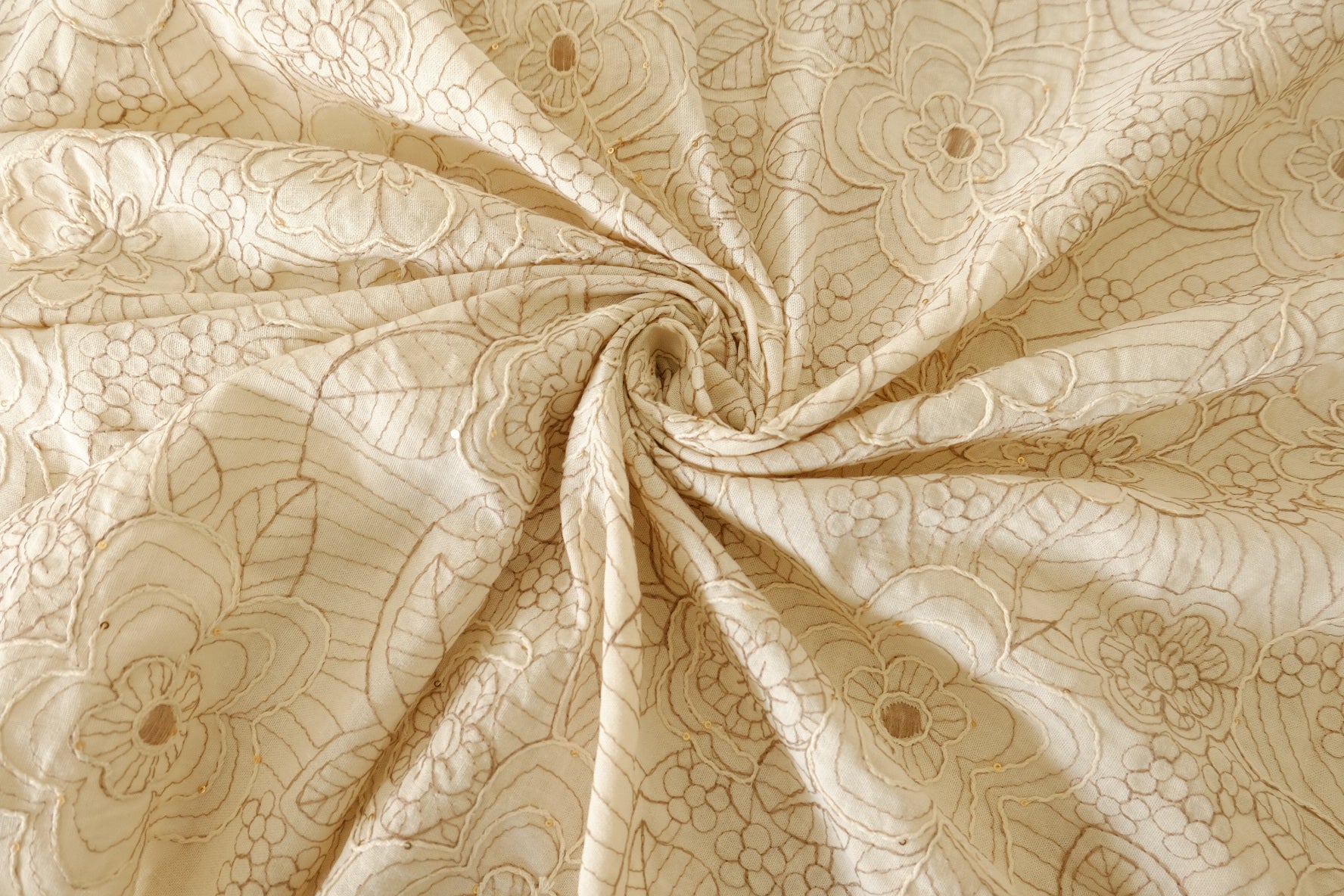 Ivory Dimensional Floral Embroidered Cotton Linen Fabric with Sequins – 1.53 yd Piece