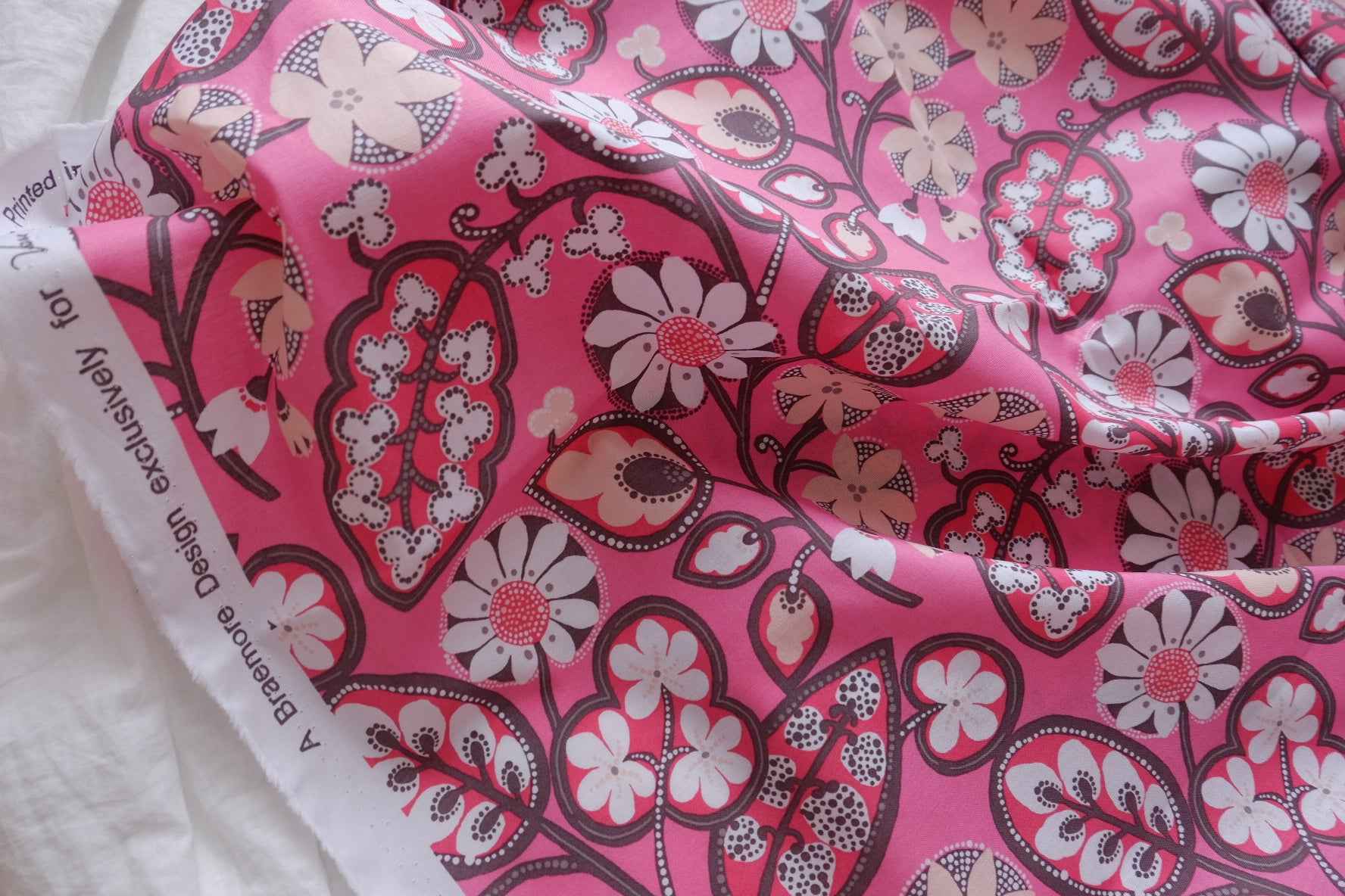 Pink Retro Floral Designer Deadstock Cotton Fabric - 1.64 Yards