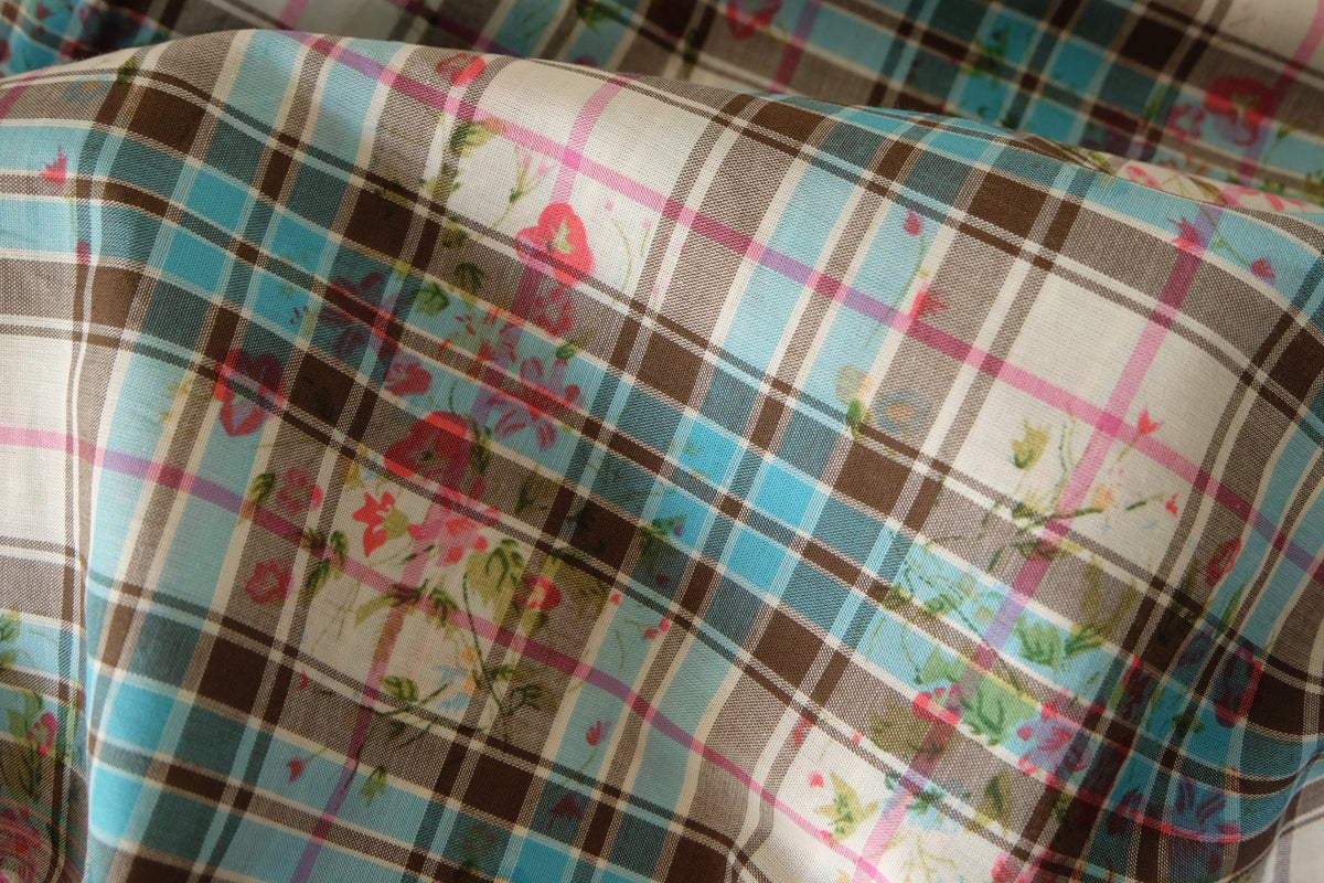 Aqua & Brown Floral Plaid Cotton – 3.3 yd