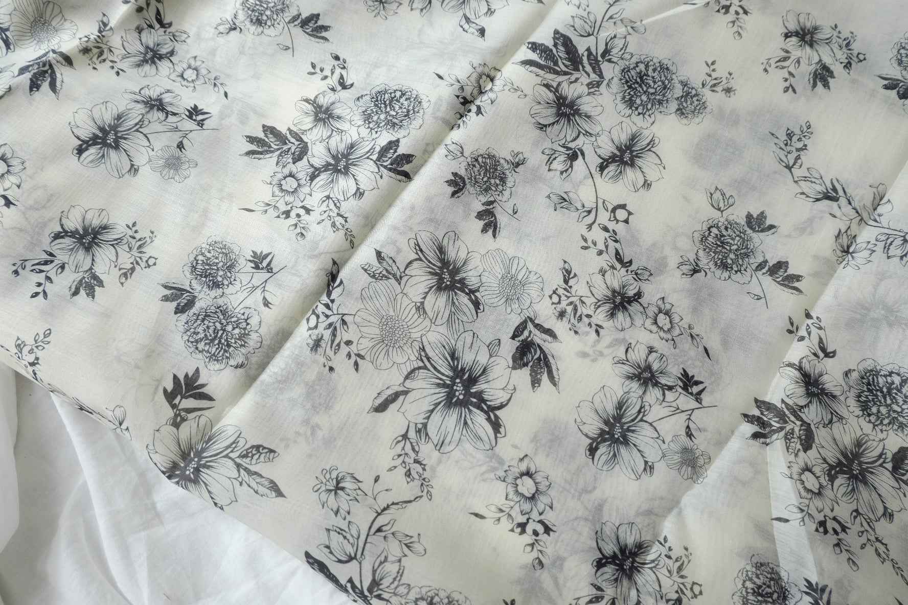 Sheer Pure Tencel Floral Fabric, Black and Ivory Sketch Print, 3.28 Yards