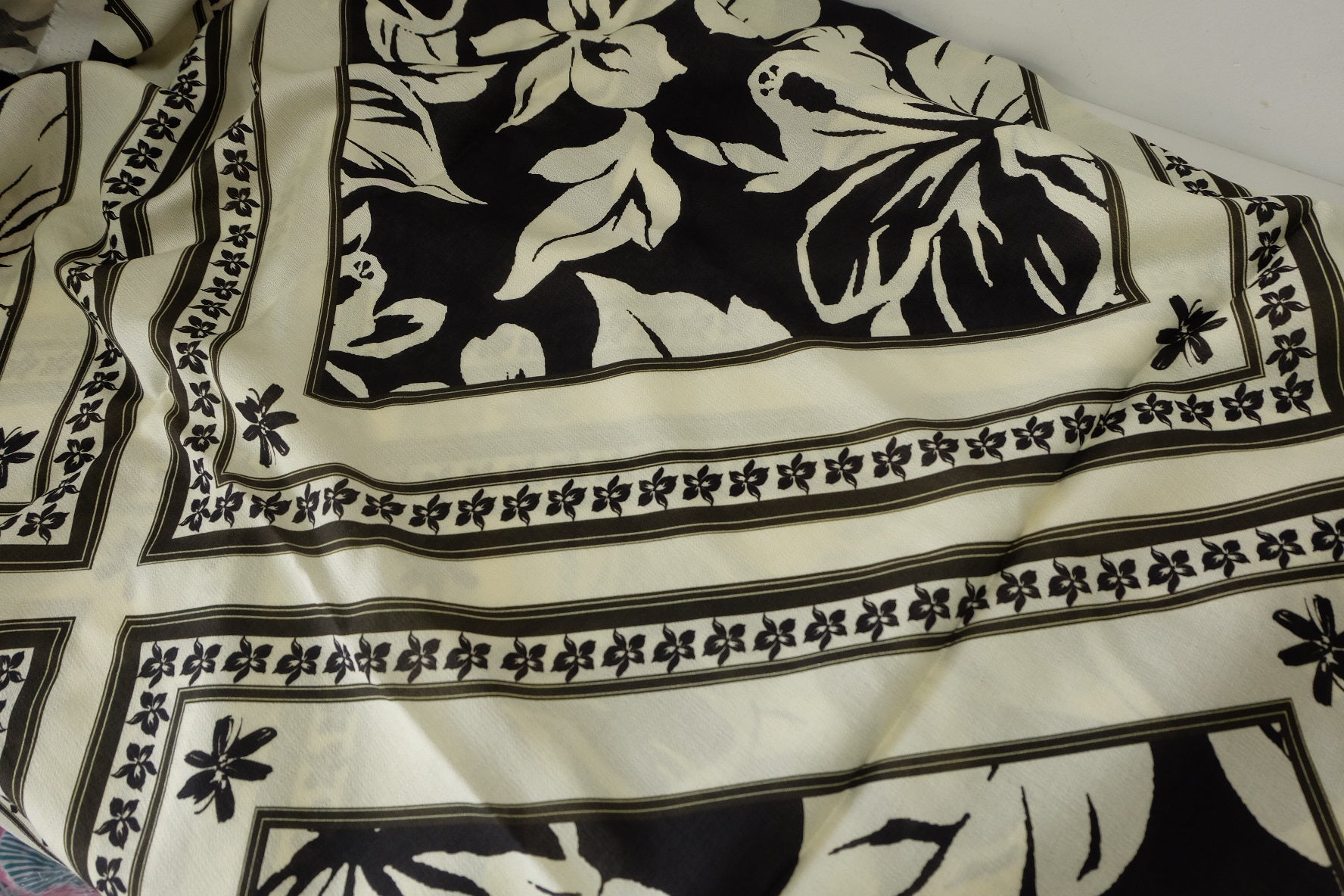 Black & Ivory Botanical Border Tencel Blend Fabric – 3.3 yd