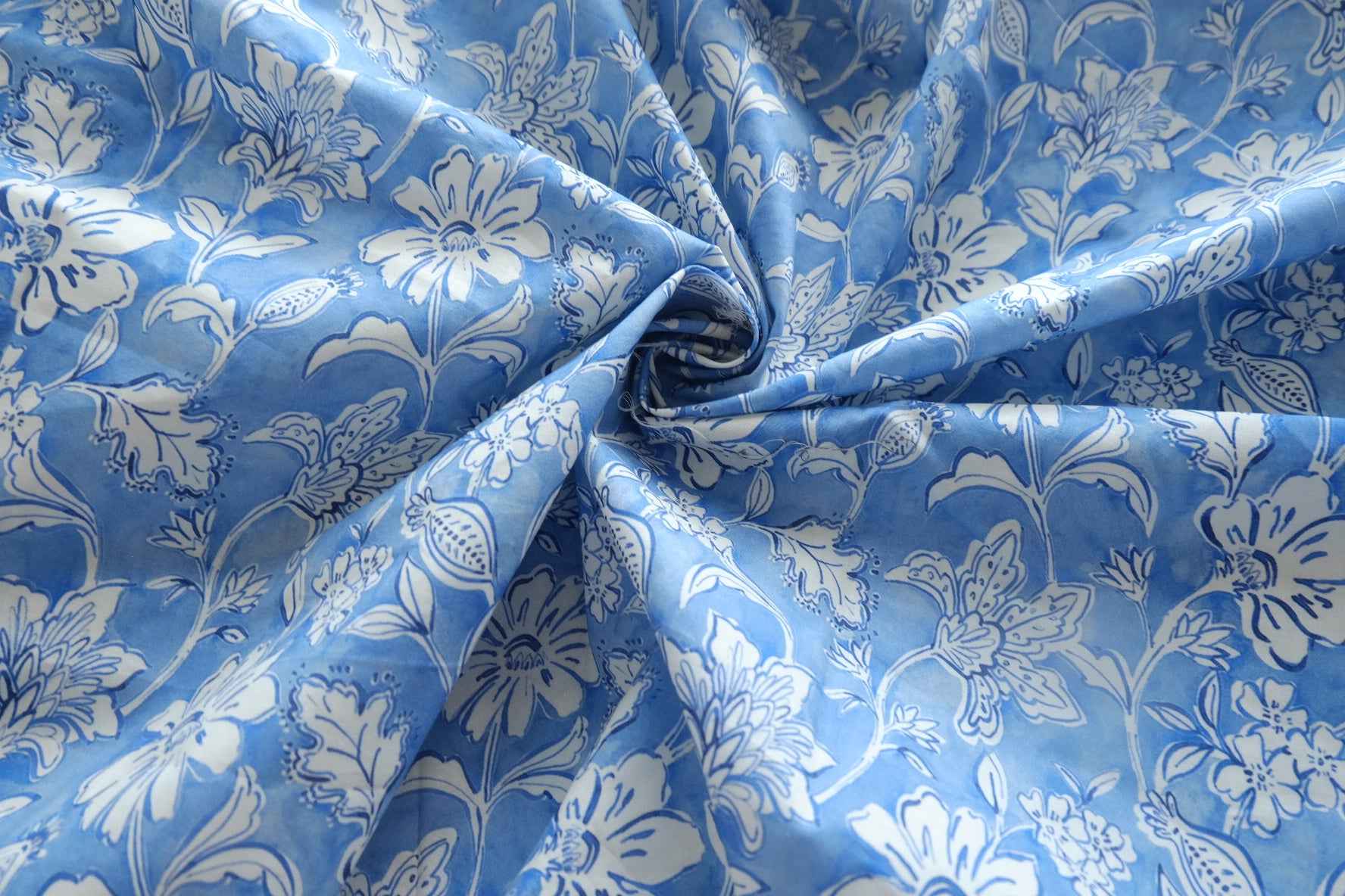 Blue Porcelain Floral Cotton Poplin Fabric - 1.97 yd