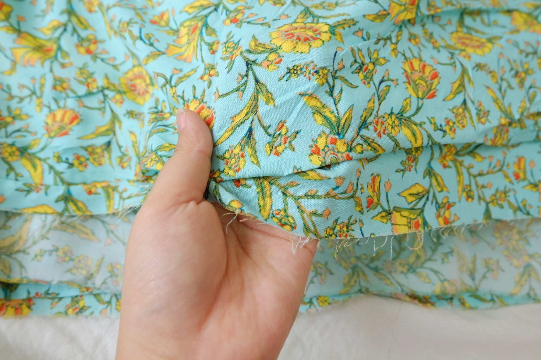 Sky Blue Floral Cotton Rayon Fabric, 3.28 Yards