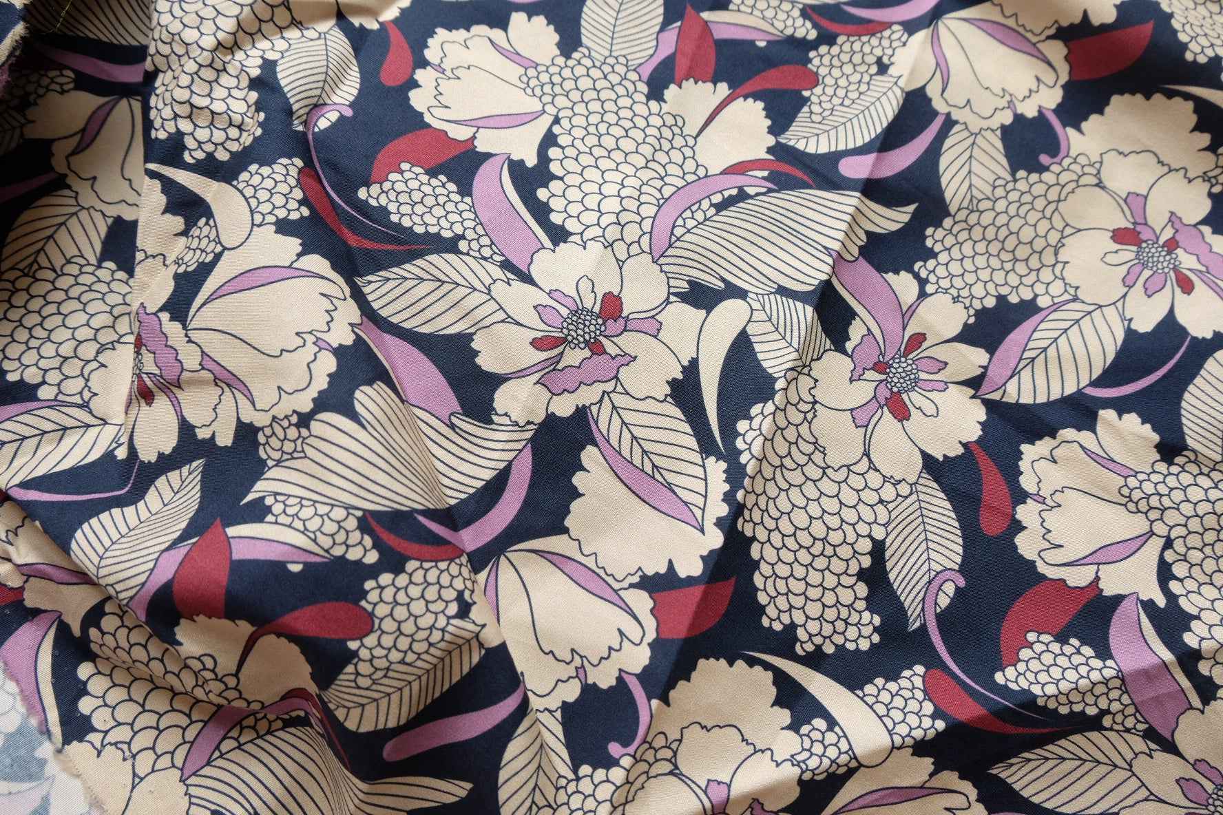 Bold Navy Floral Poplin Fabric, Crisp Statement Dress Weight, 3.28 Yards